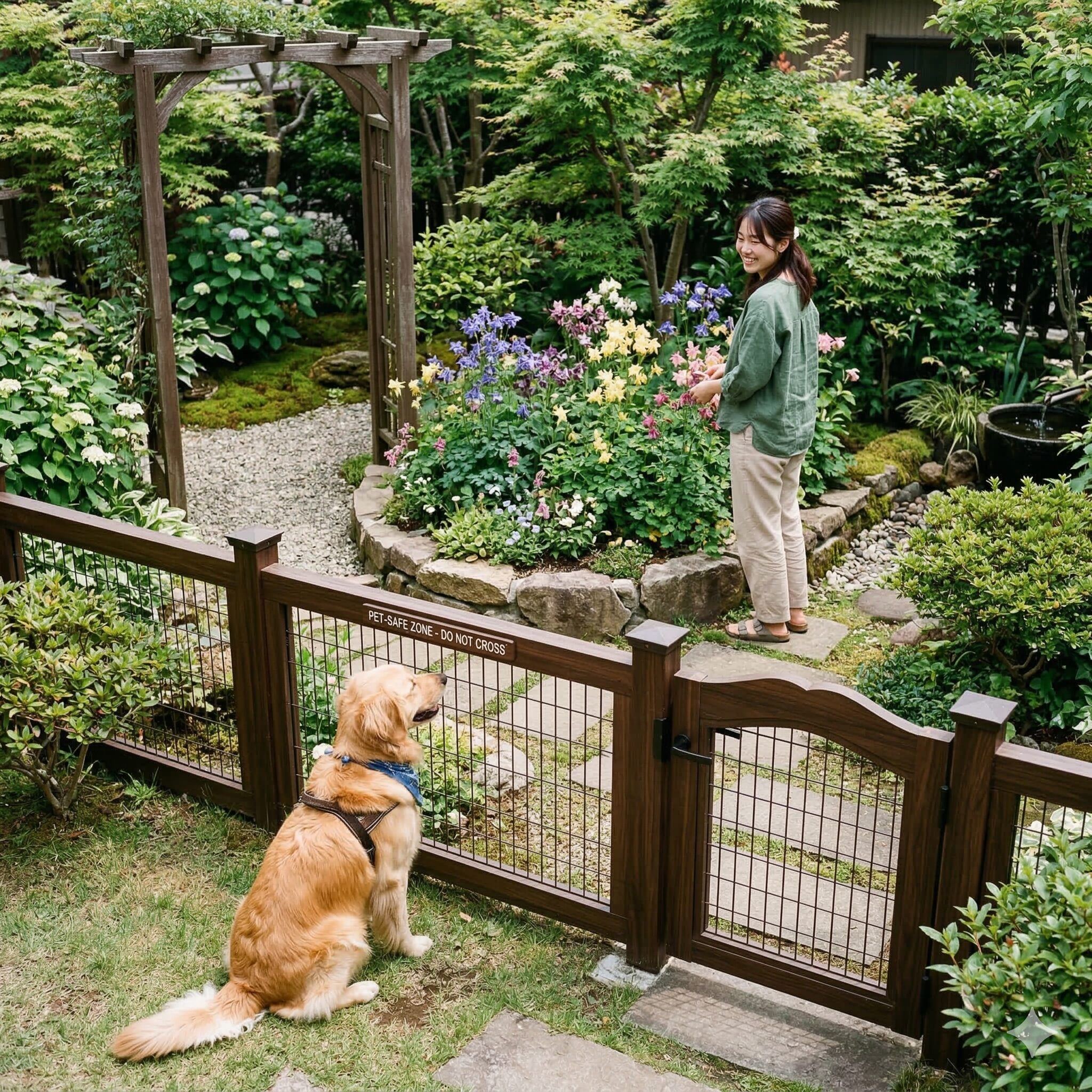 オダマキ 毒性4　ペットの誤食を防ぐため、柵で隔離されたエリアに植えられたオダマキとそれを見つめる犬。