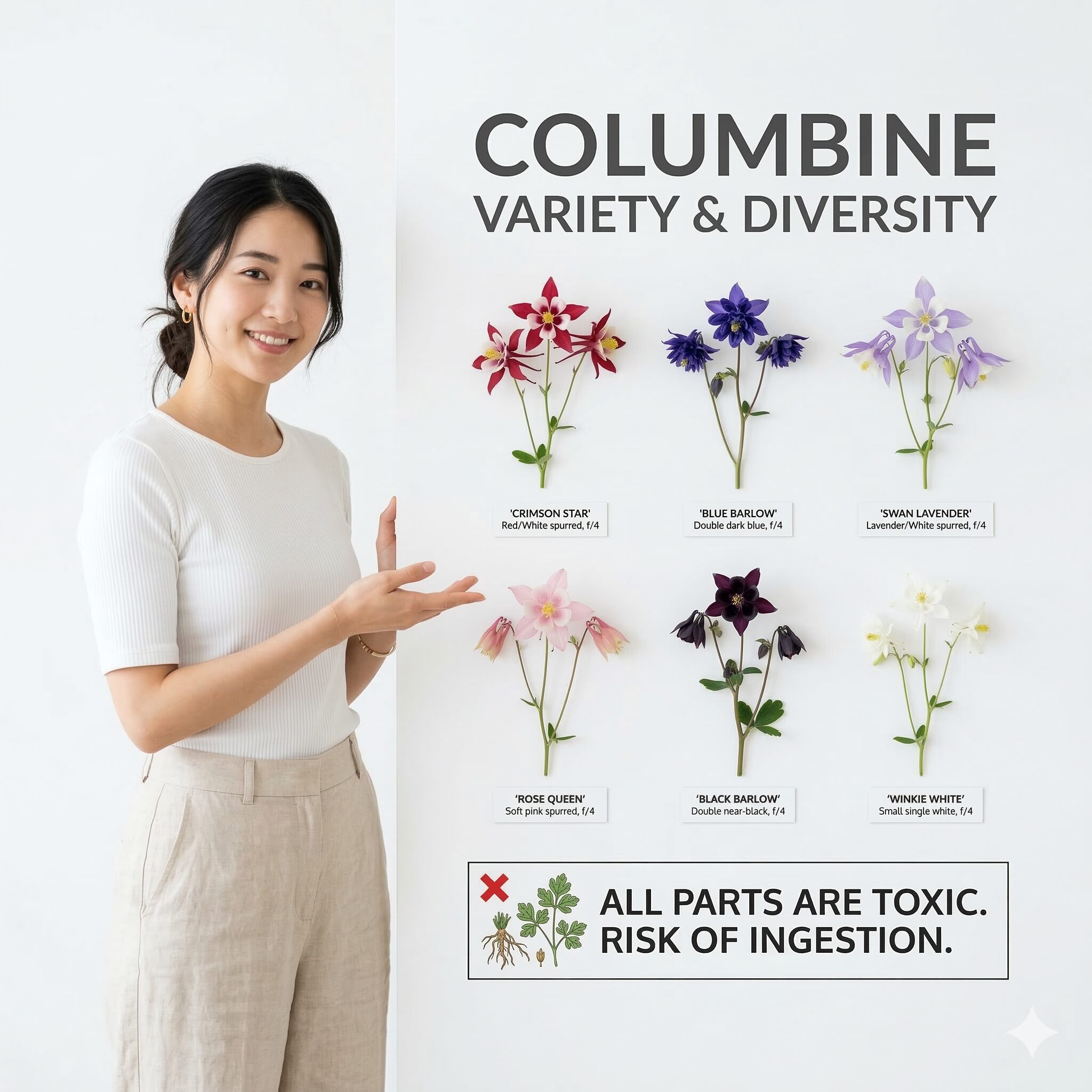 オダマキ 毒性5　様々な色と形の西洋オダマキ。園芸品種も野生種と同様に強い毒性を持つ。