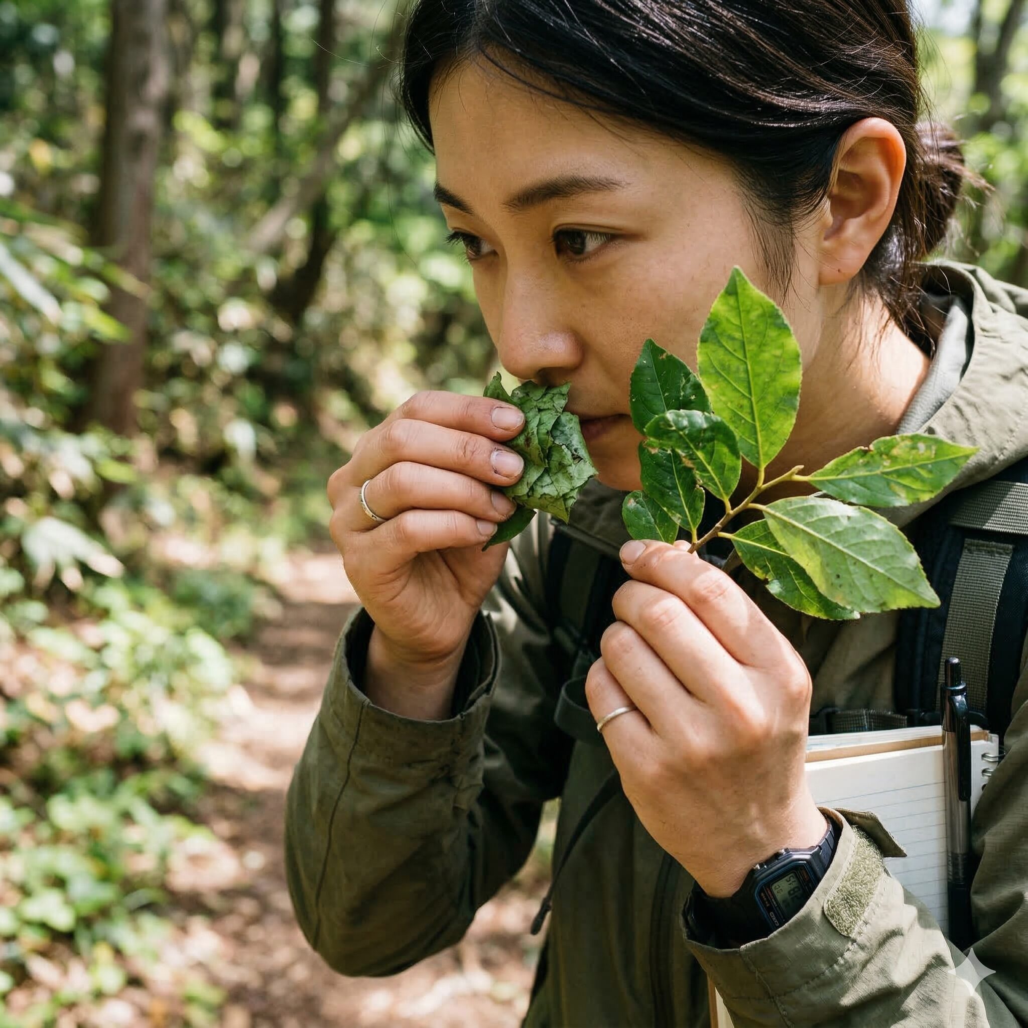 オダマキ 毒性7　植物の葉を揉んで香りの有無を確認し、ミツバとオダマキを見分ける動作。