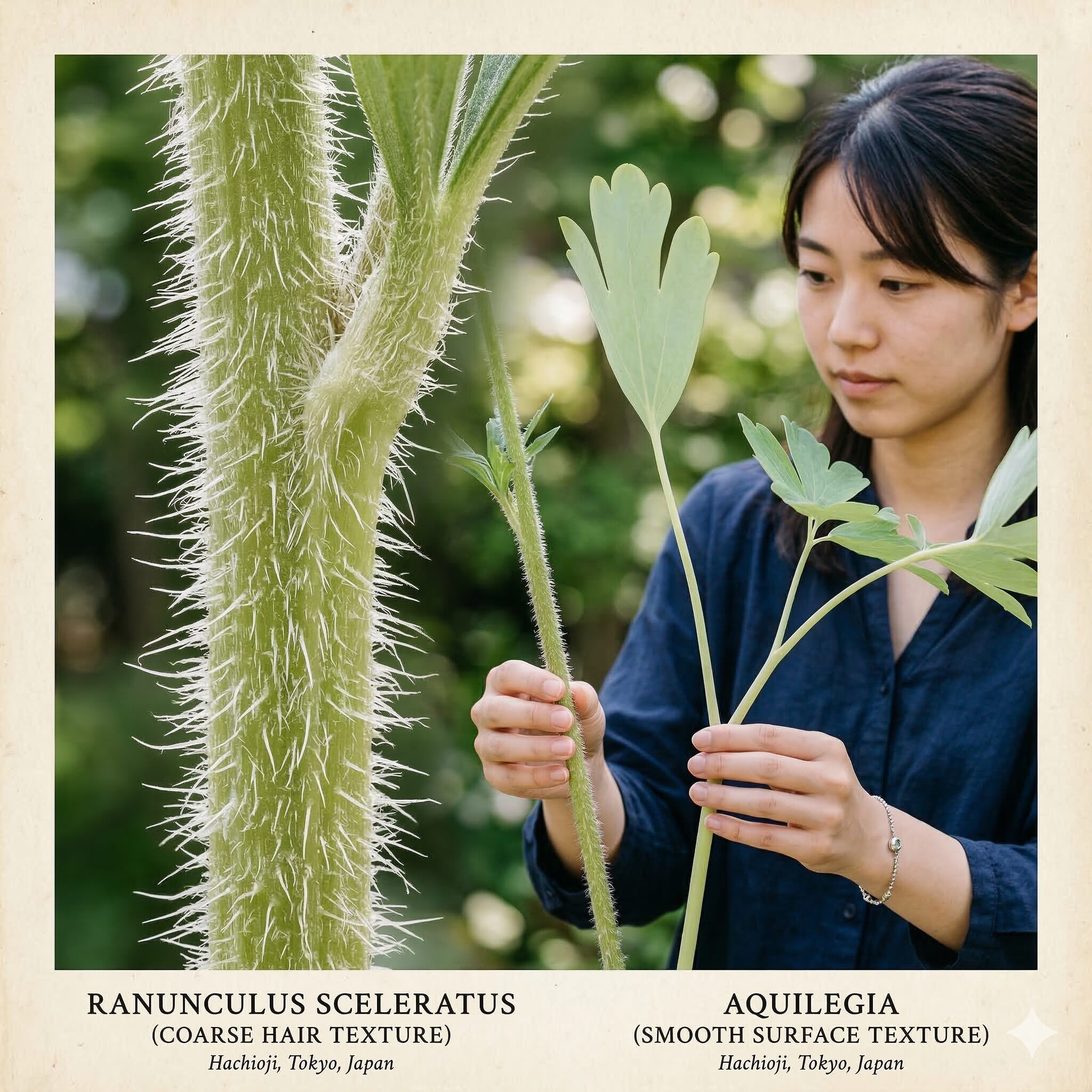 オダマキ 毒性8　猛毒を持つキツネノボタンの茎に生える粗い毛の拡大写真。オダマキとの識別に有効。