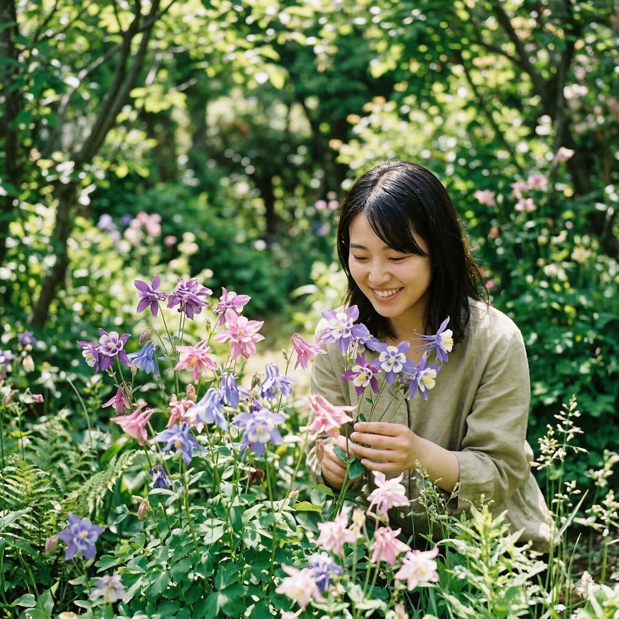 オダマキ 種まき 直播き1　地植えで元気に咲き誇る色とりどりのオダマキ（アクイレギア）の花