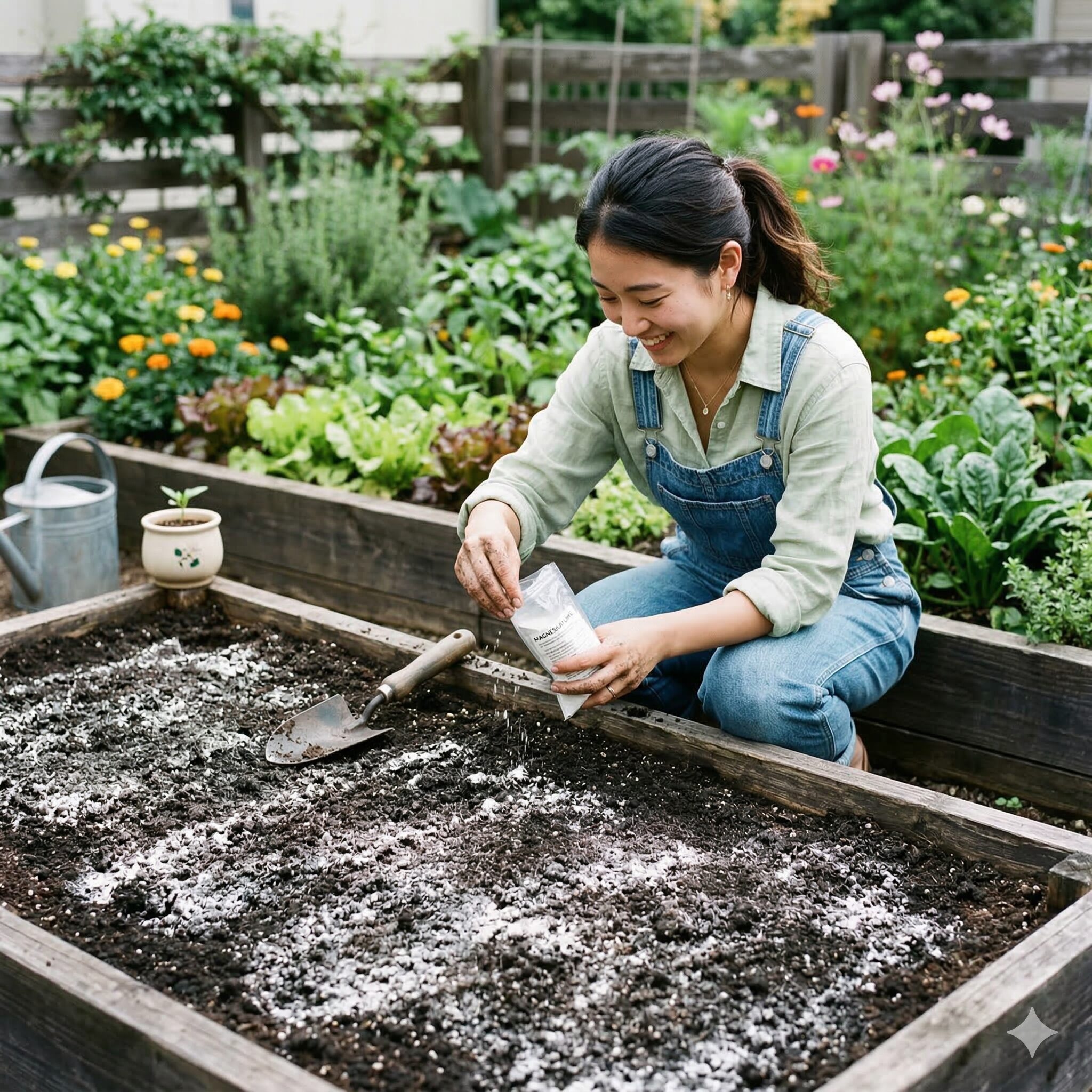 オダマキ 種まき 直播き4　土壌のpHを中性に調整するために撒かれた苦土石灰