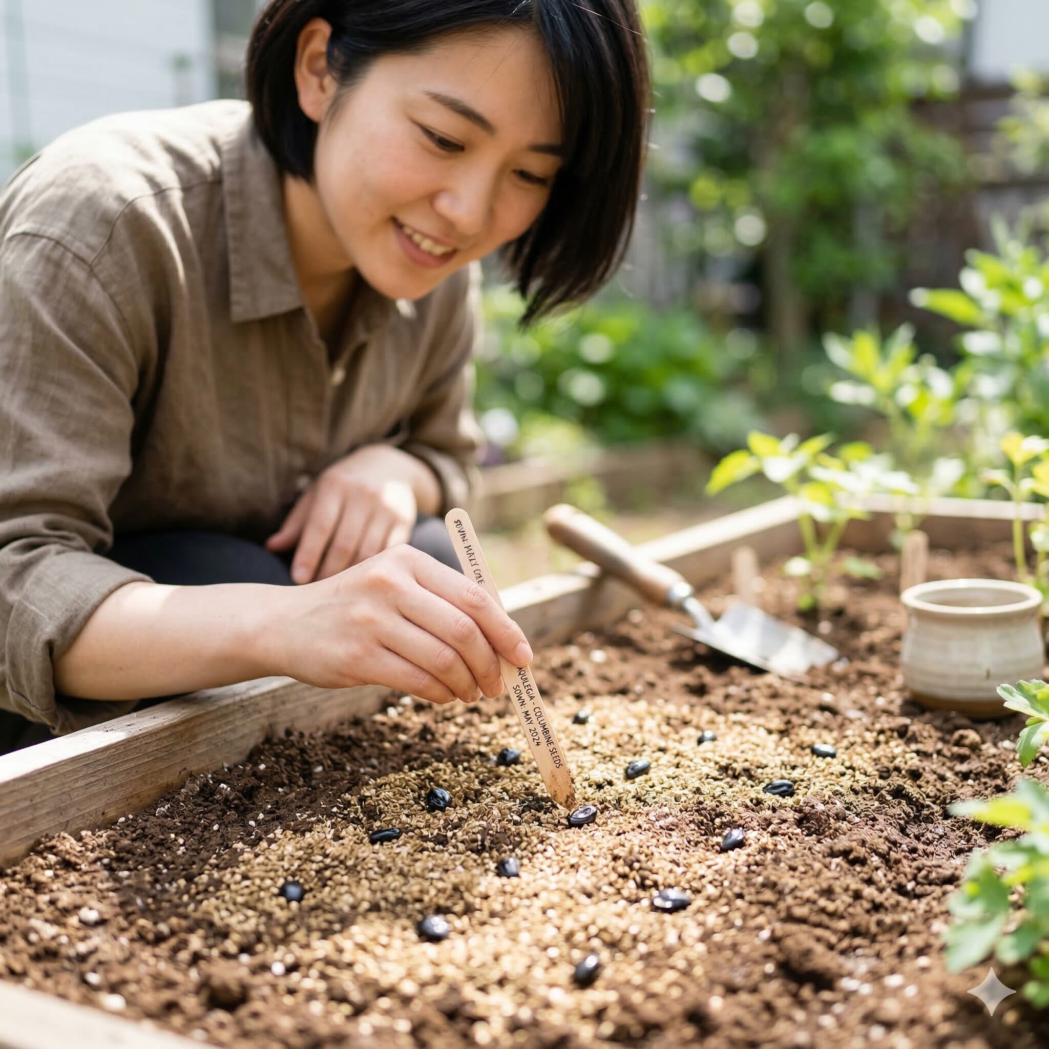 オダマキ 種まき 直播き5　発芽のために光を必要とするオダマキの種とごく薄い覆土の様子