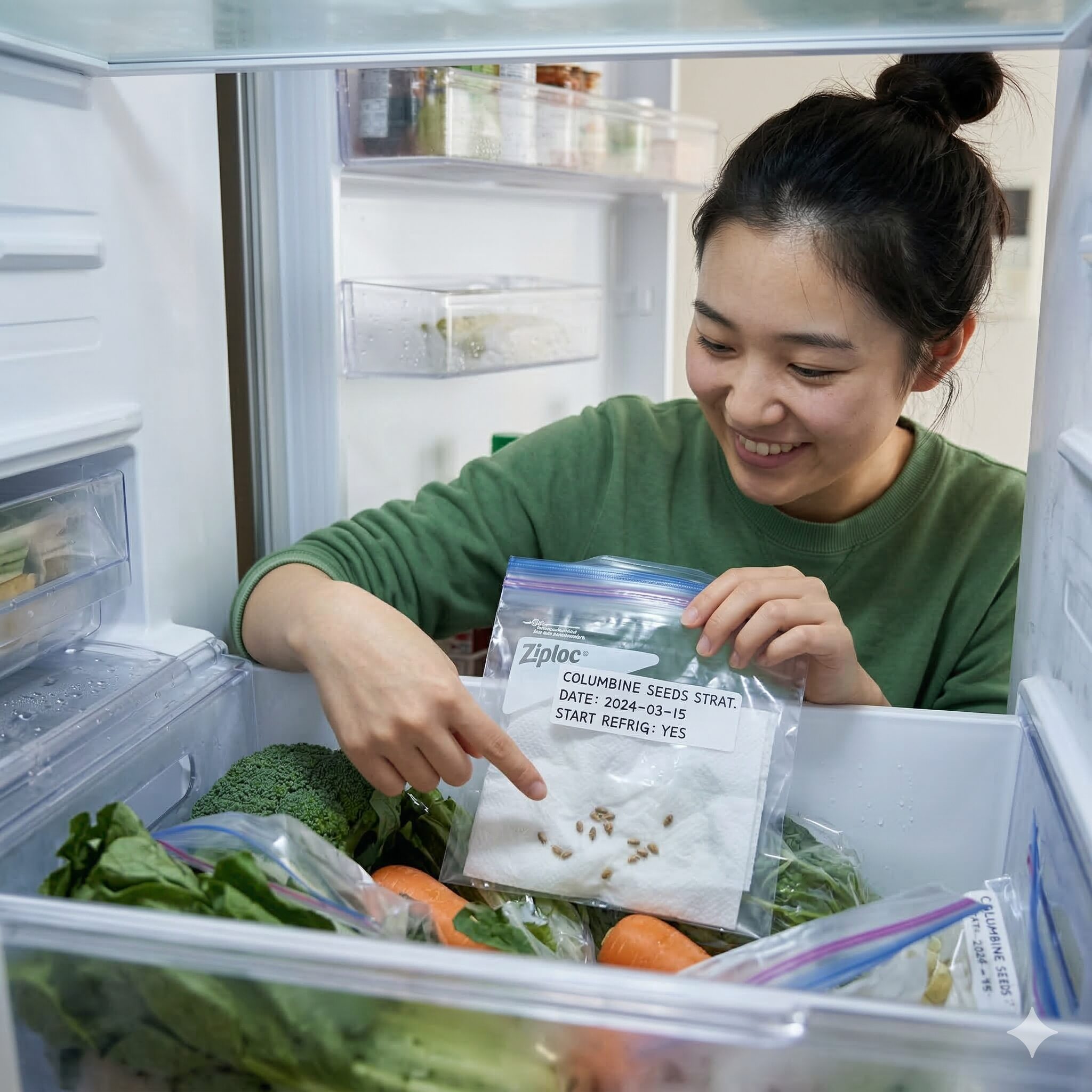オダマキ 種まき 直播き6　冷蔵庫で休眠打破のための低温処理を行うオダマキの種