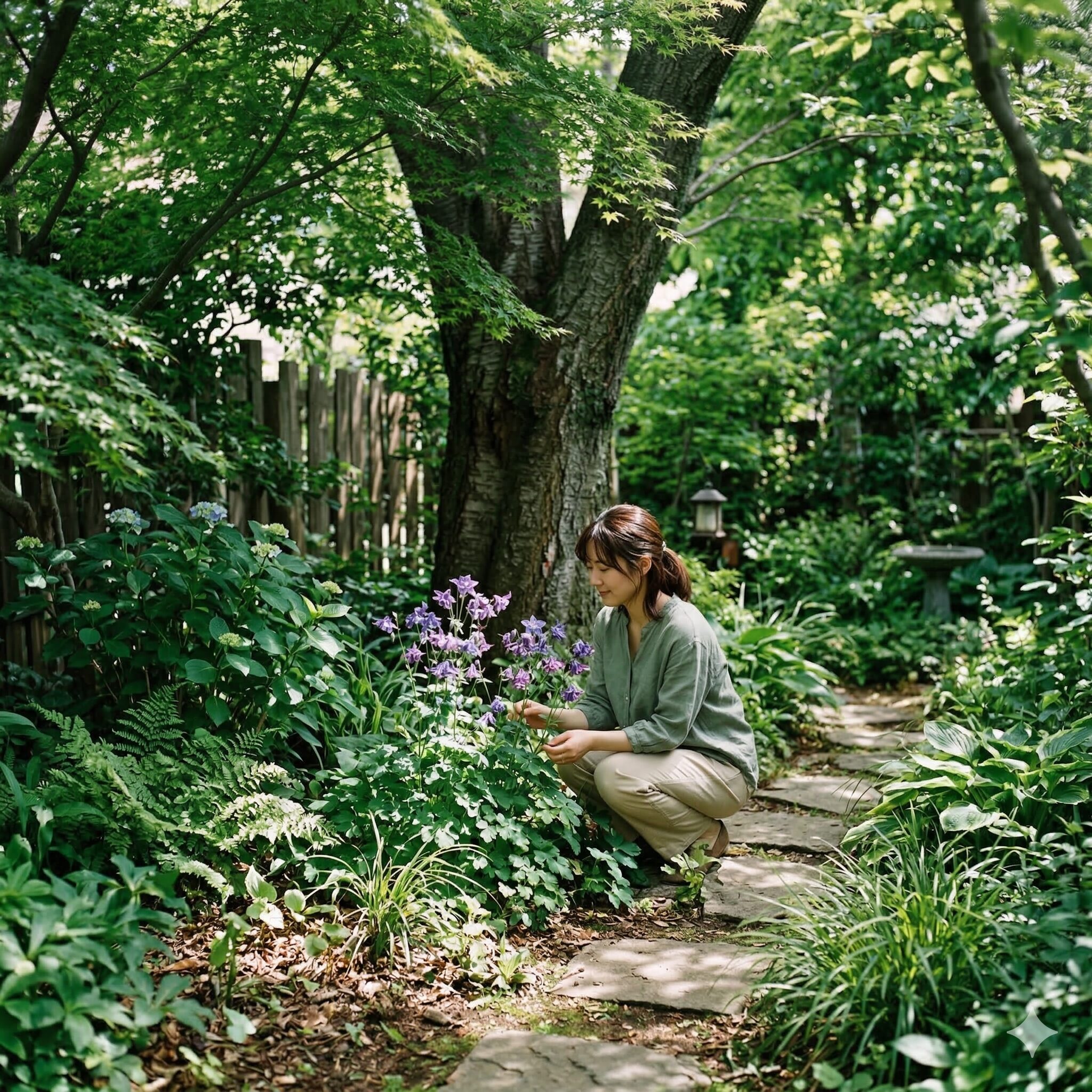 オダマキ 種まき 直播き7　オダマキの直播きに適した木漏れ日が差す半日陰の栽培場所