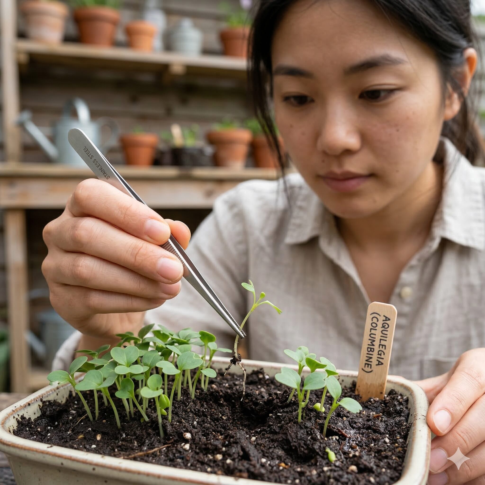 オダマキ 種まき 直播き8　健全な成長を促すためにオダマキの苗を間引くガーデニング作業