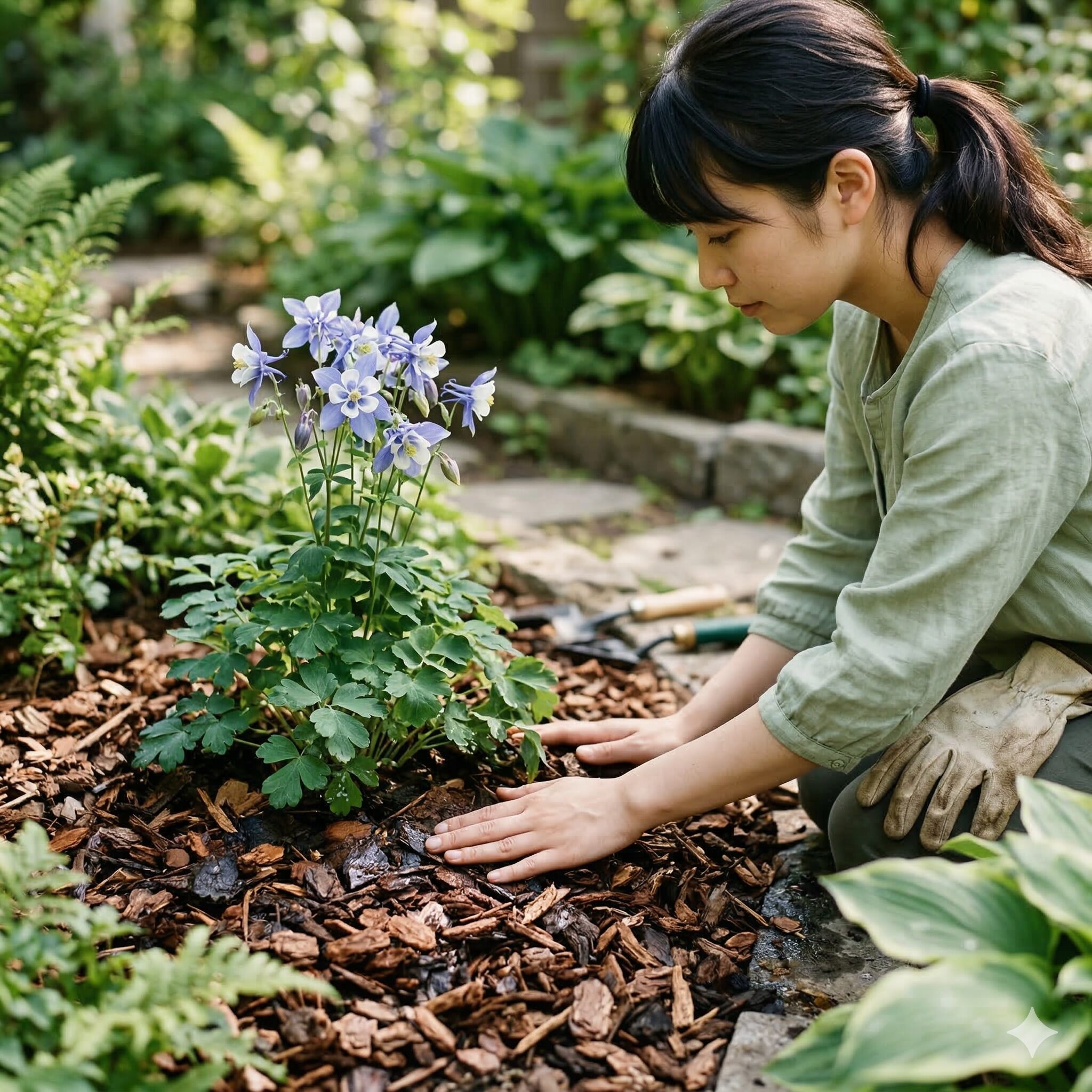 オダマキ 種まき 直播き9　夏の地温上昇と乾燥を防ぐための株元のマルチング対策