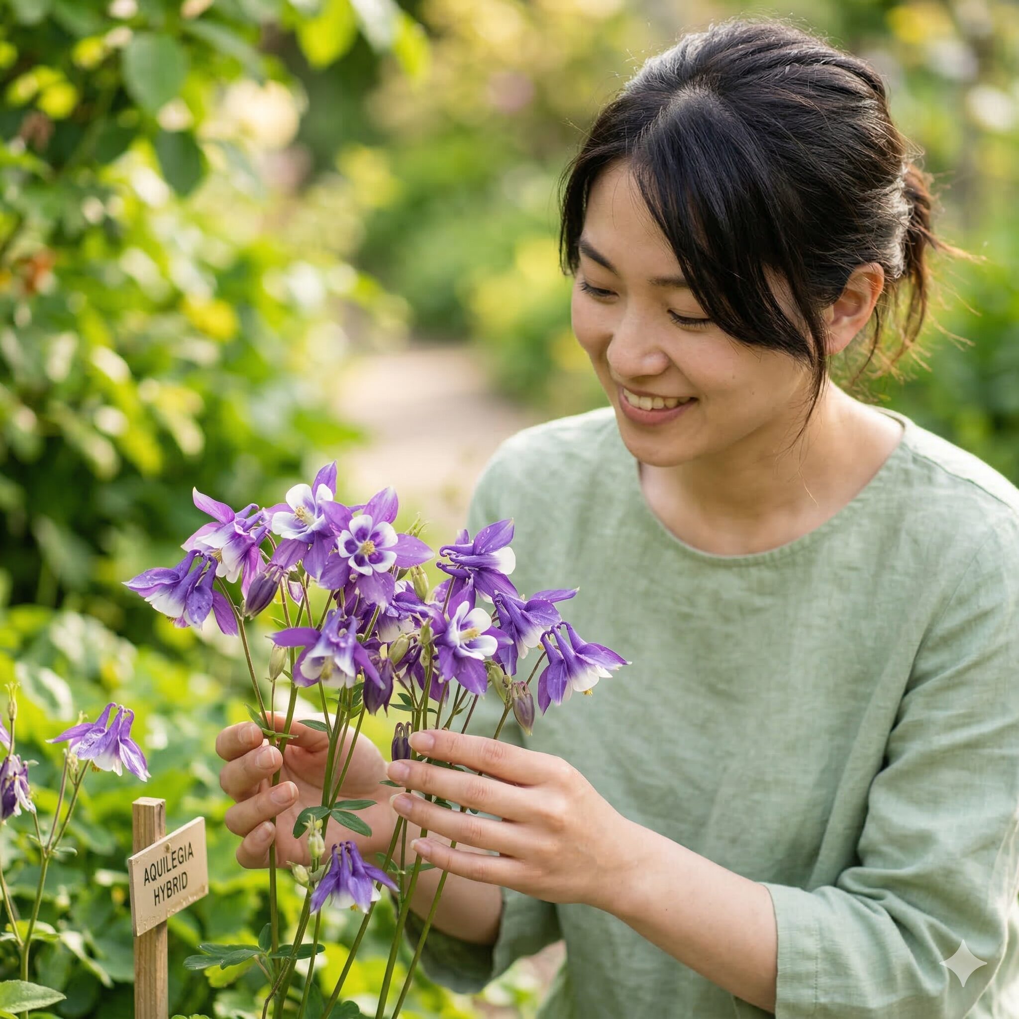オダマキの種の 取り 方1　庭で美しく咲く紫と白のオダマキの花のクローズアップ