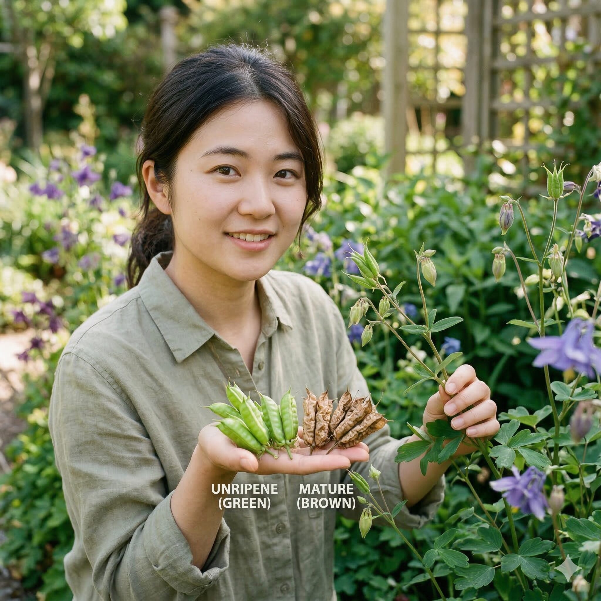 オダマキの種の 取り 方3　オダマキの種の成熟比較。左側の未熟な緑色のサヤと右側の成熟した茶色のサヤ