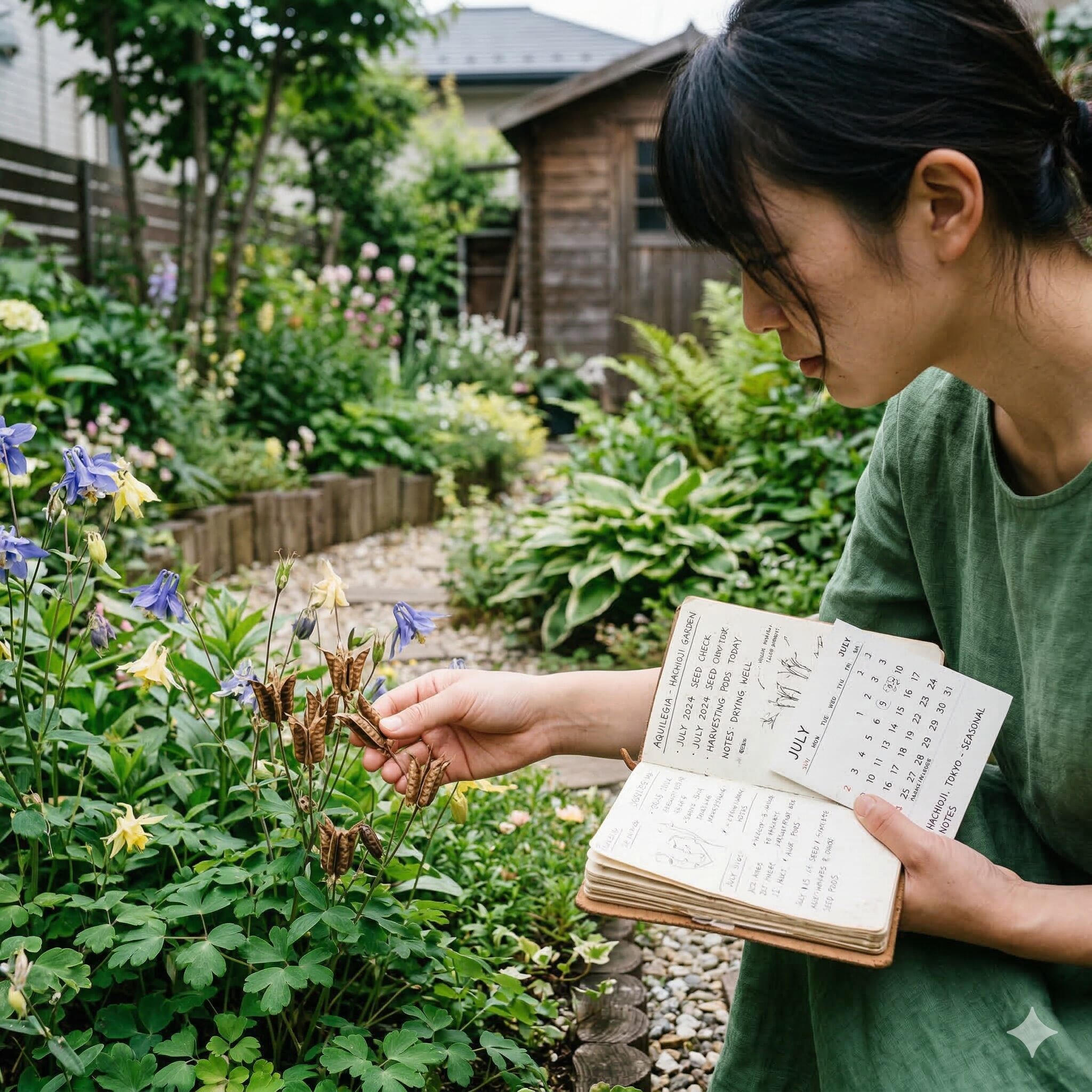オダマキの種の 取り 方4　庭でオダマキの開花日を確認しながら採取時期を計画するガーデニングの様子
