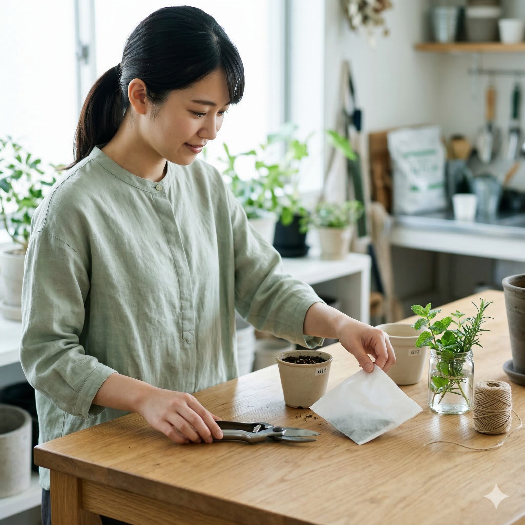 オダマキの種の 取り 方5　オダマキの種採取に必要な園芸用ハサミとお茶パックのセット