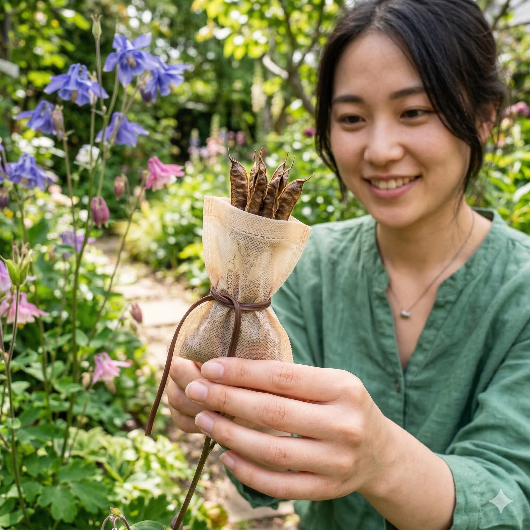 オダマキの種の 取り 方6　オダマキの種がこぼれないようサヤにお茶パックを被せる袋掛けの技法