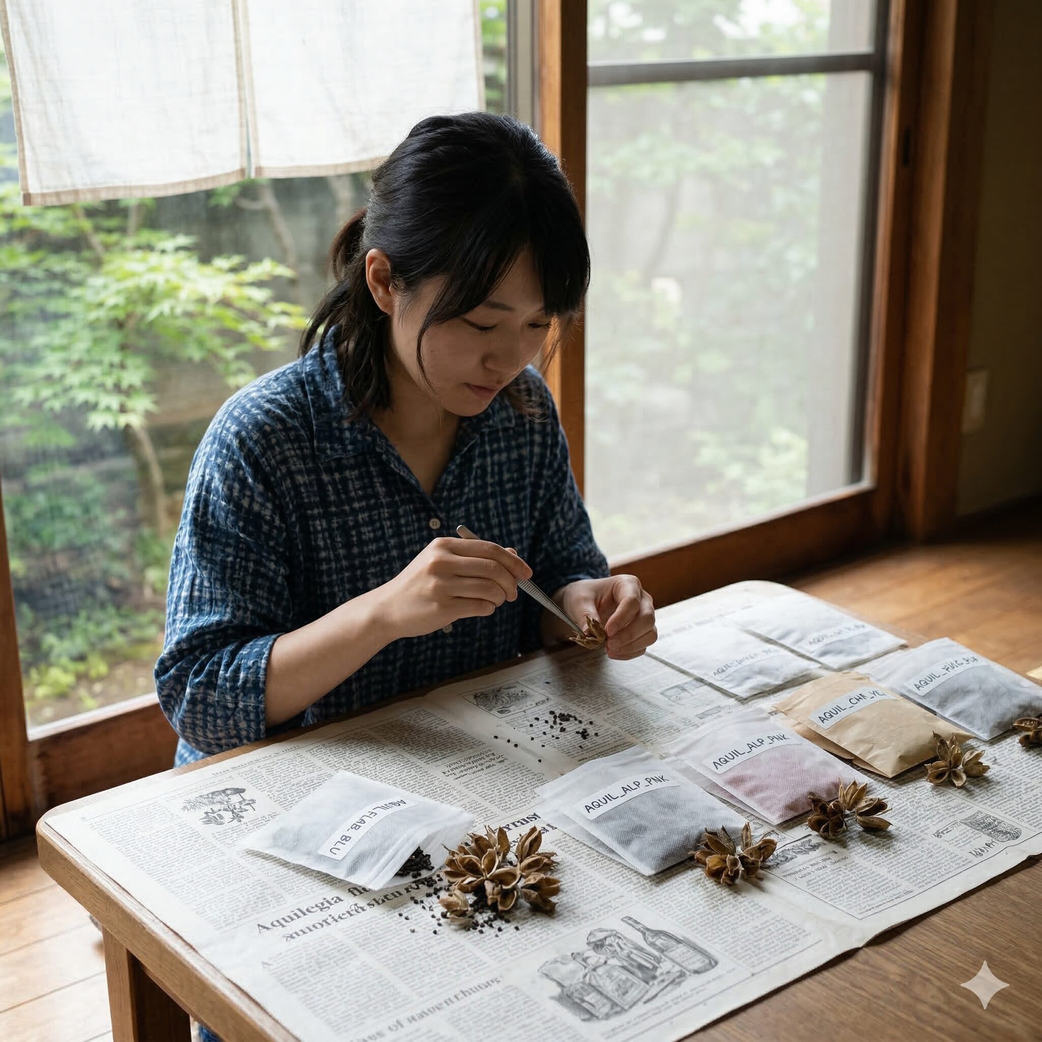 オダマキの種の 取り 方7　採取したオダマキのサヤを室内で広げて乾燥・追熟させる手順