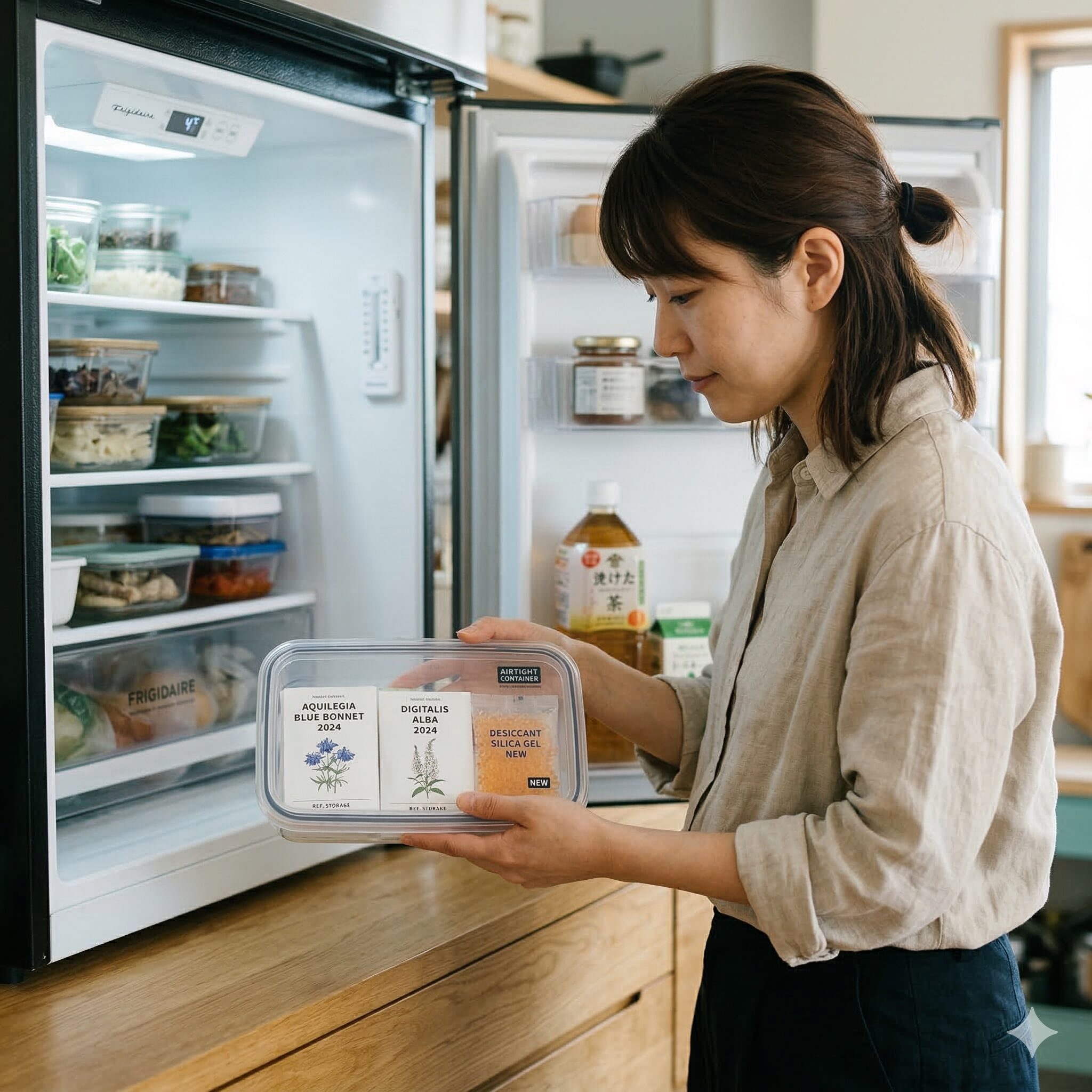 オダマキの種の 取り 方8　乾燥剤とともに密閉容器に入れられたオダマキの種の長期保存方法