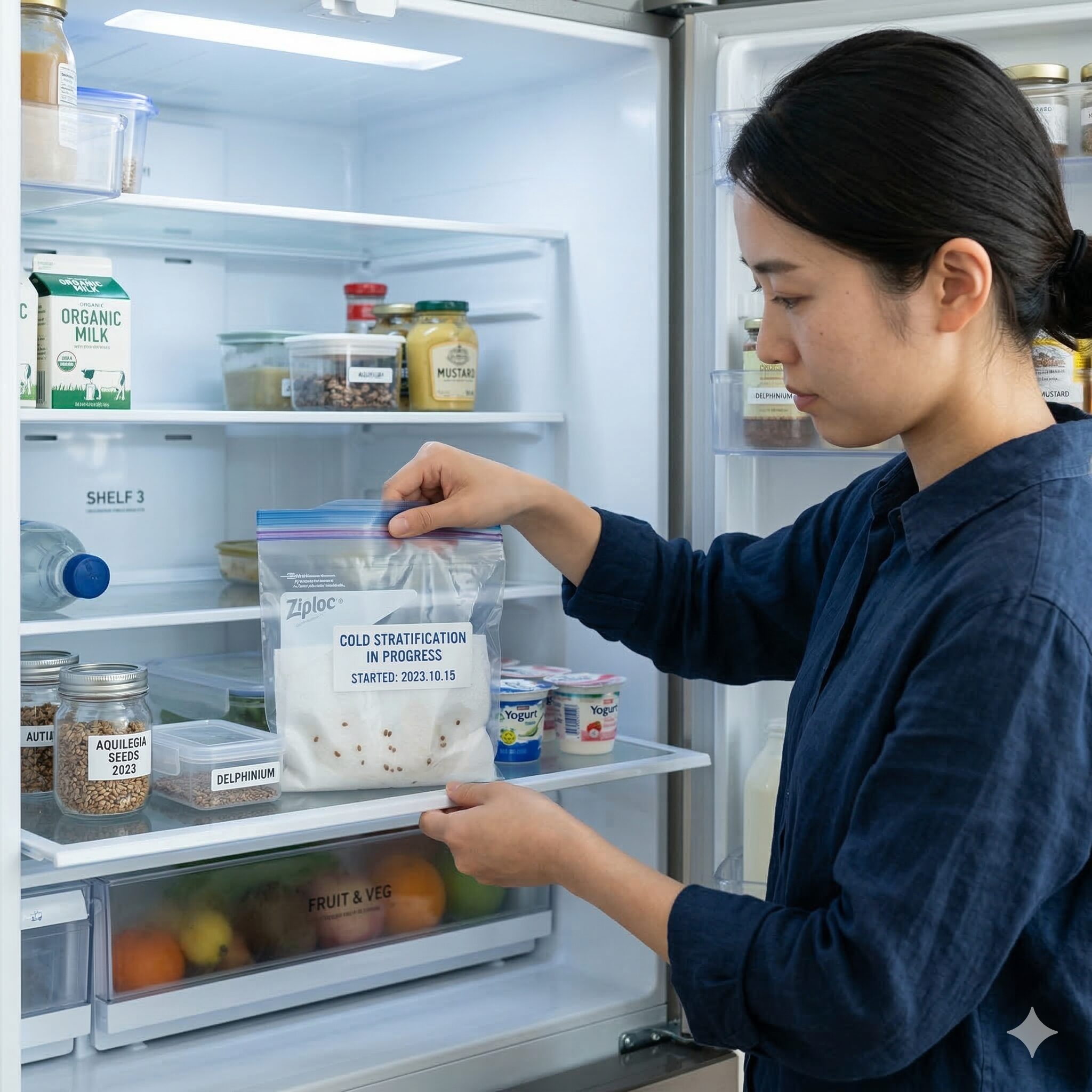 オダマキの種の 取り 方9　冷蔵庫で一定期間冷やすオダマキの種の休眠打破プロセス