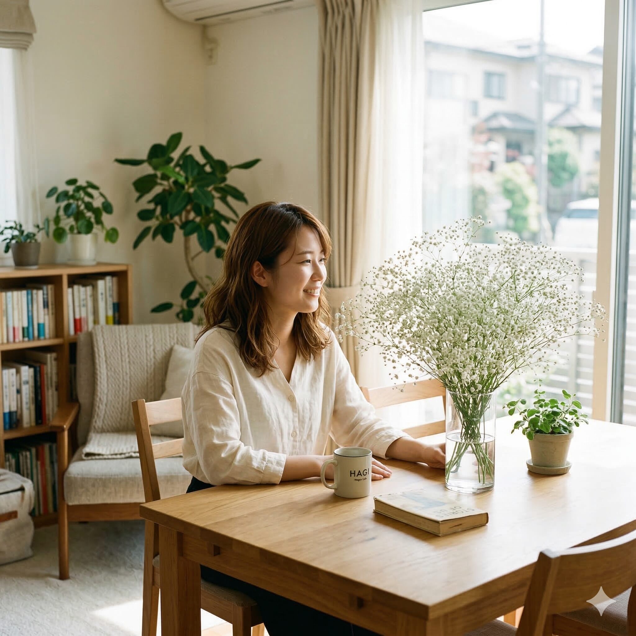 カスミソウ臭い1　明るいリビングのテーブルに飾られた、ボリュームのある可憐なカスミソウの花束。