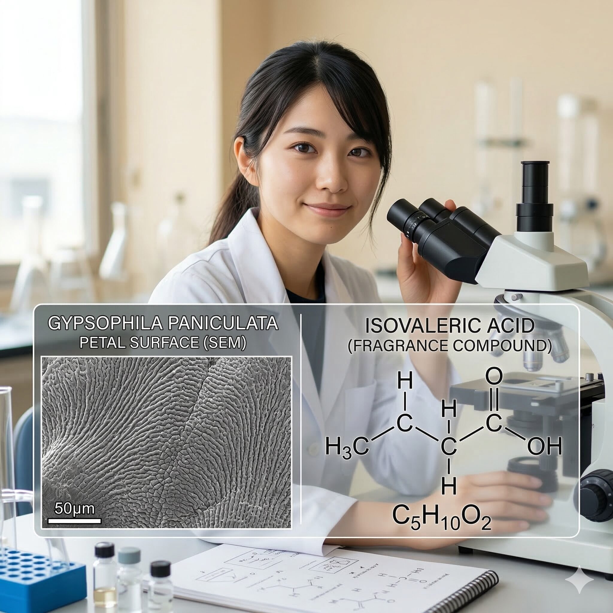 カスミソウ臭い2　カスミソウの匂い成分であるイソ吉草酸の化学式と、花弁の微細構造を表現した科学的イメージ図。