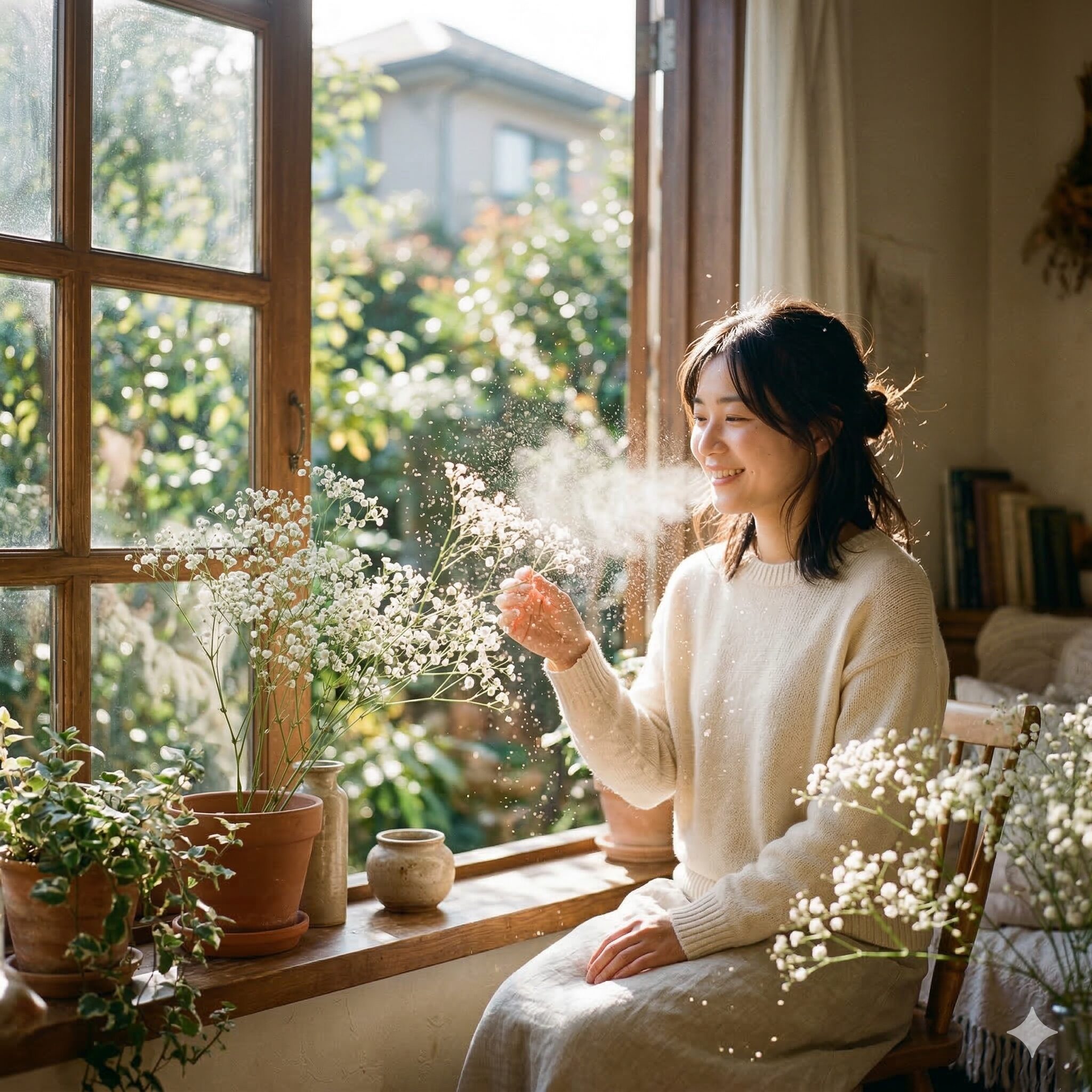 カスミソウ臭い4　窓際で太陽光を浴び、日中の活発な代謝によって香りを放つカスミソウ。