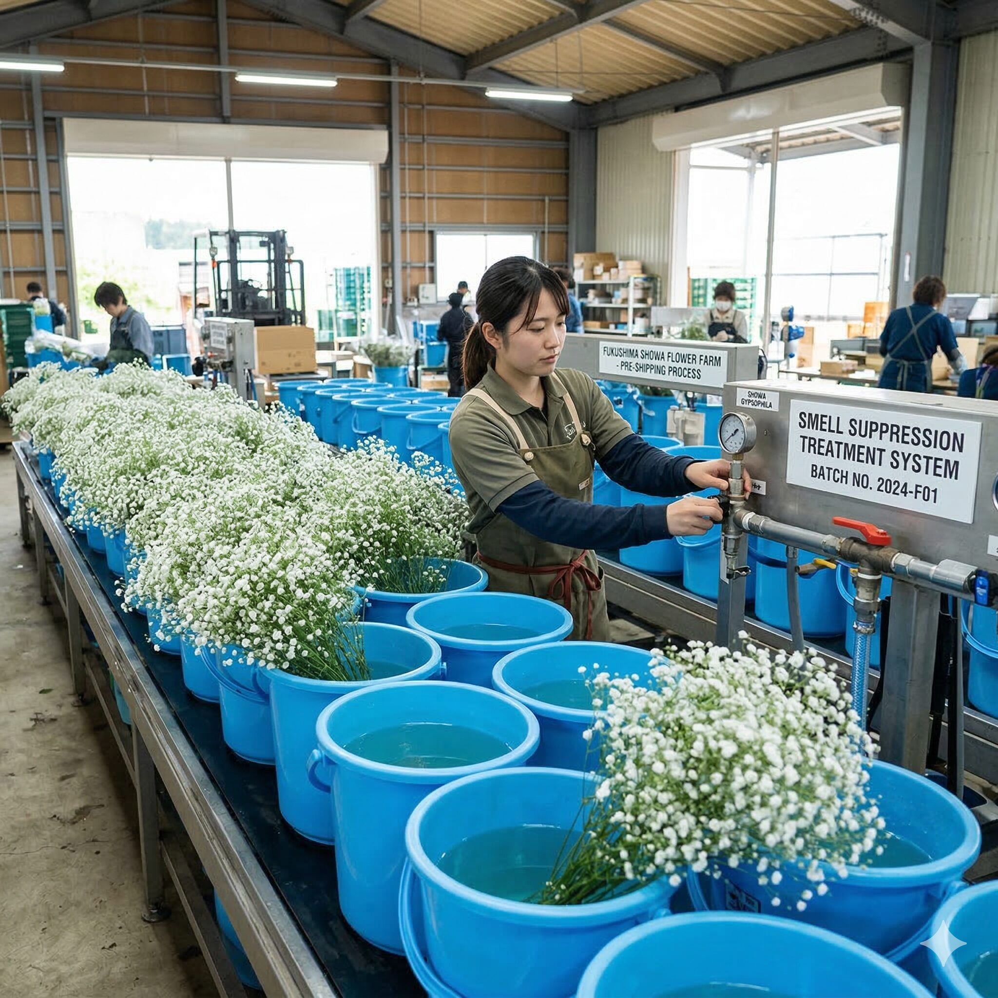 カスミソウ臭い6　福島県昭和村の農家で行われている、カスミソウの匂いを抑える出荷前トリートメント作業。