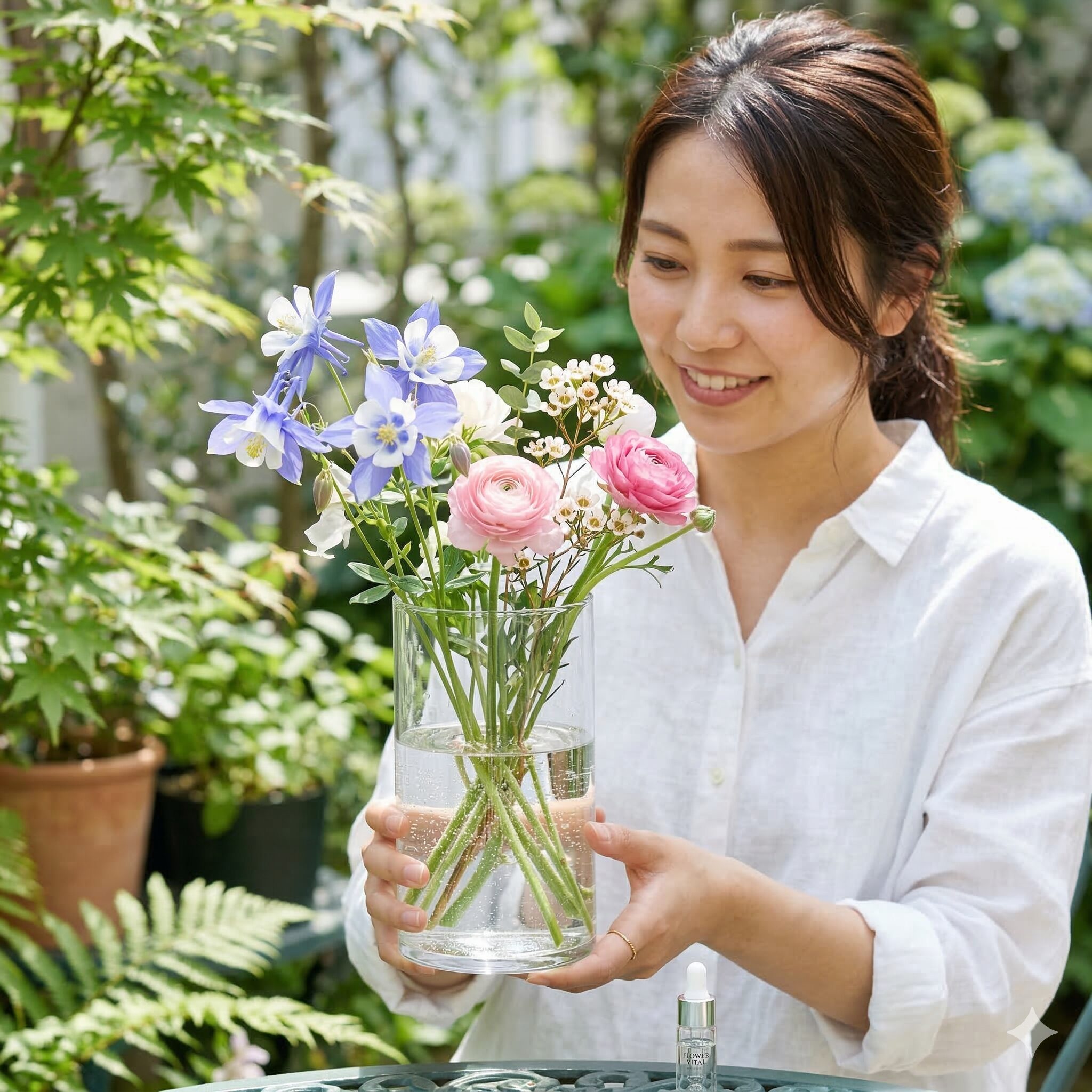 カスミソウ臭い7　バクテリアの繁殖を防ぐために清潔な水と延命剤を使用した、カスミソウの花瓶。