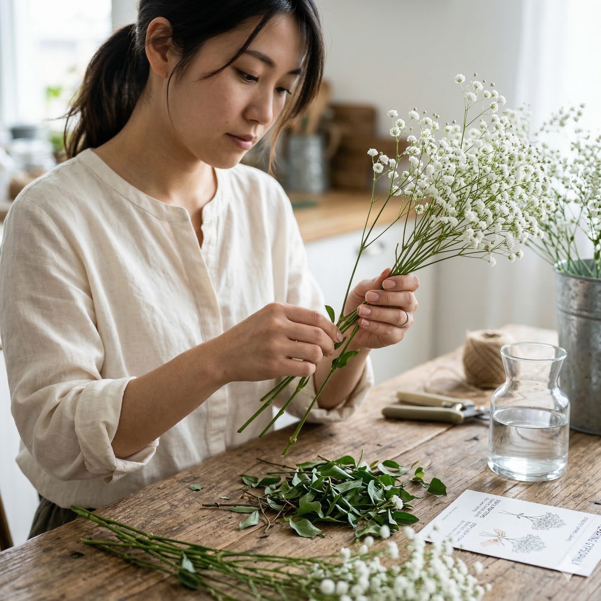 カスミソウ臭い8　水の腐敗と臭いを防ぐために、カスミソウの茎の下葉を取り除くお手入れの様子。