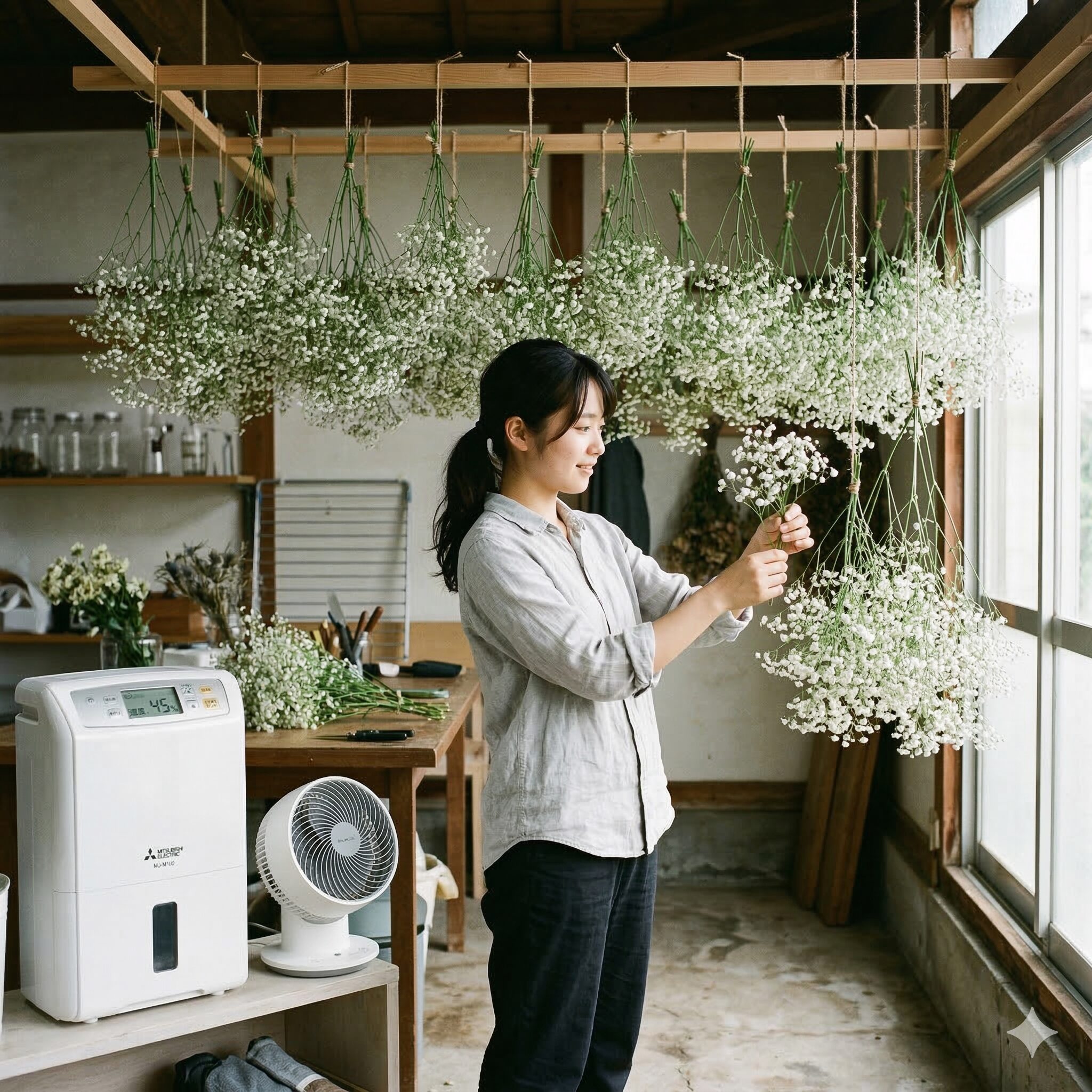 カスミソウ臭い9　匂いを抑えるために風通しの良い場所で迅速に乾燥させているカスミソウのドライフラワー。