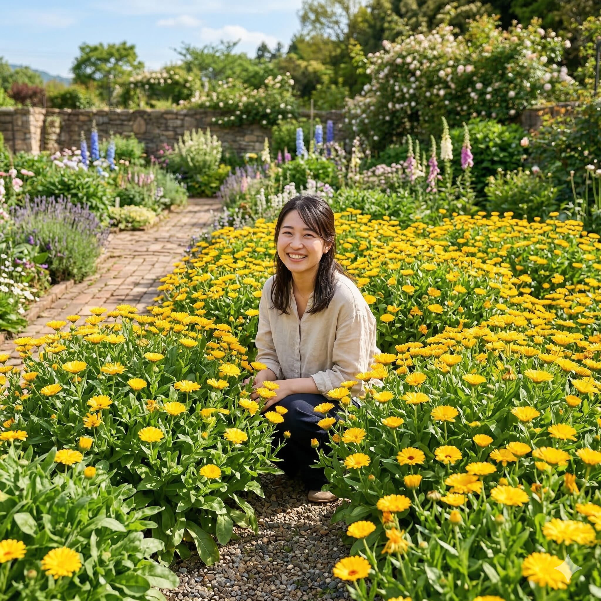 カレンデュラ パワーデイジー 販売1　春の庭で満開に咲き誇る黄金色のカレンデュラ・パワーデイジー