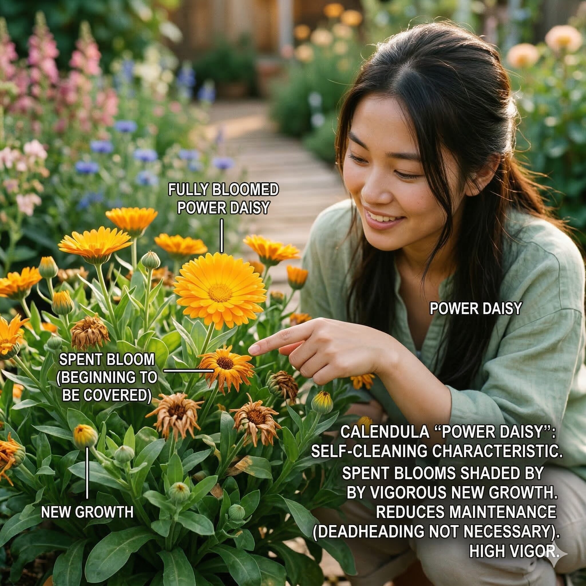 カレンデュラ パワーデイジー 販売10　咲き終わった古い花を新しい蕾が覆い隠すカレンデュラ・パワーデイジーのセルフクリーニング特性