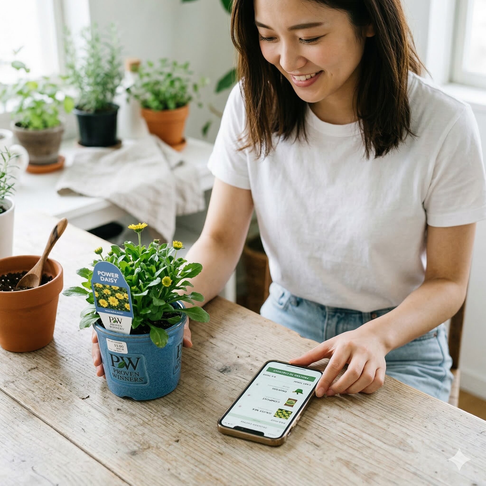 カレンデュラ パワーデイジー 販売2　実店舗の青ポット苗とスマートフォンでの通販画面（カレンデュラ パワーデイジー 販売）