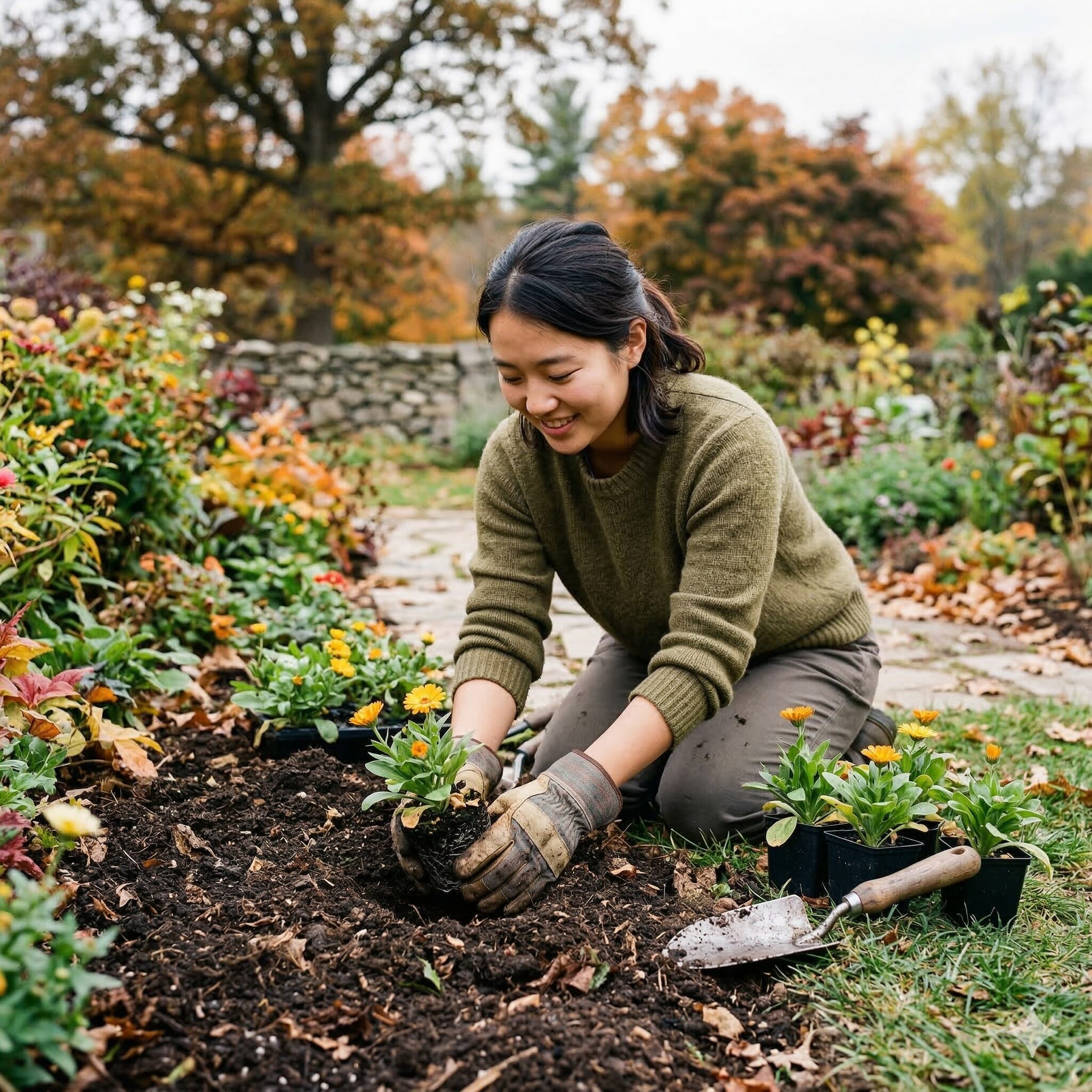 カレンデュラ パワーデイジー 販売5　翌春の満開を目指して秋にカレンデュラ・パワーデイジーの苗を植え付けるガーデニング風景