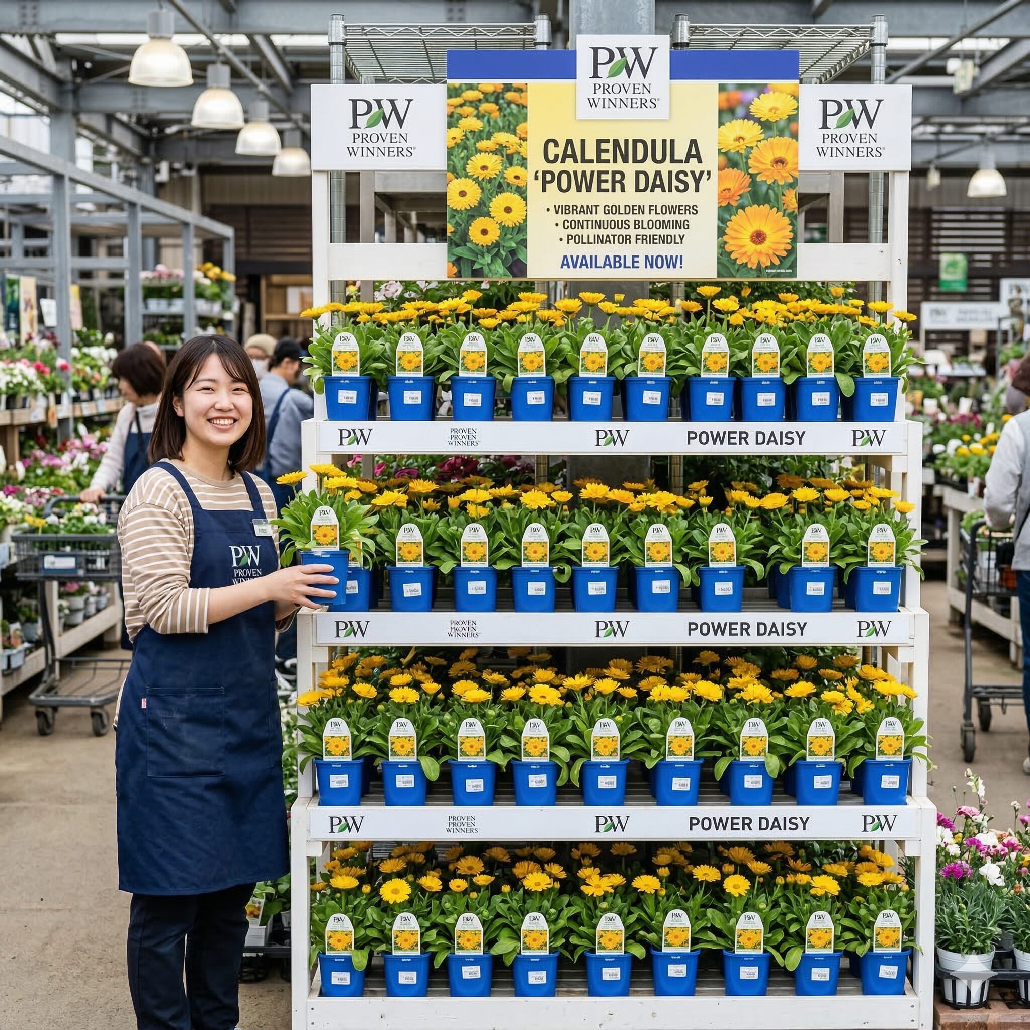 カレンデュラ パワーデイジー 販売6　ホームセンターの園芸コーナーにあるPWブランド専用棚に並ぶカレンデュラ・パワーデイジーの苗