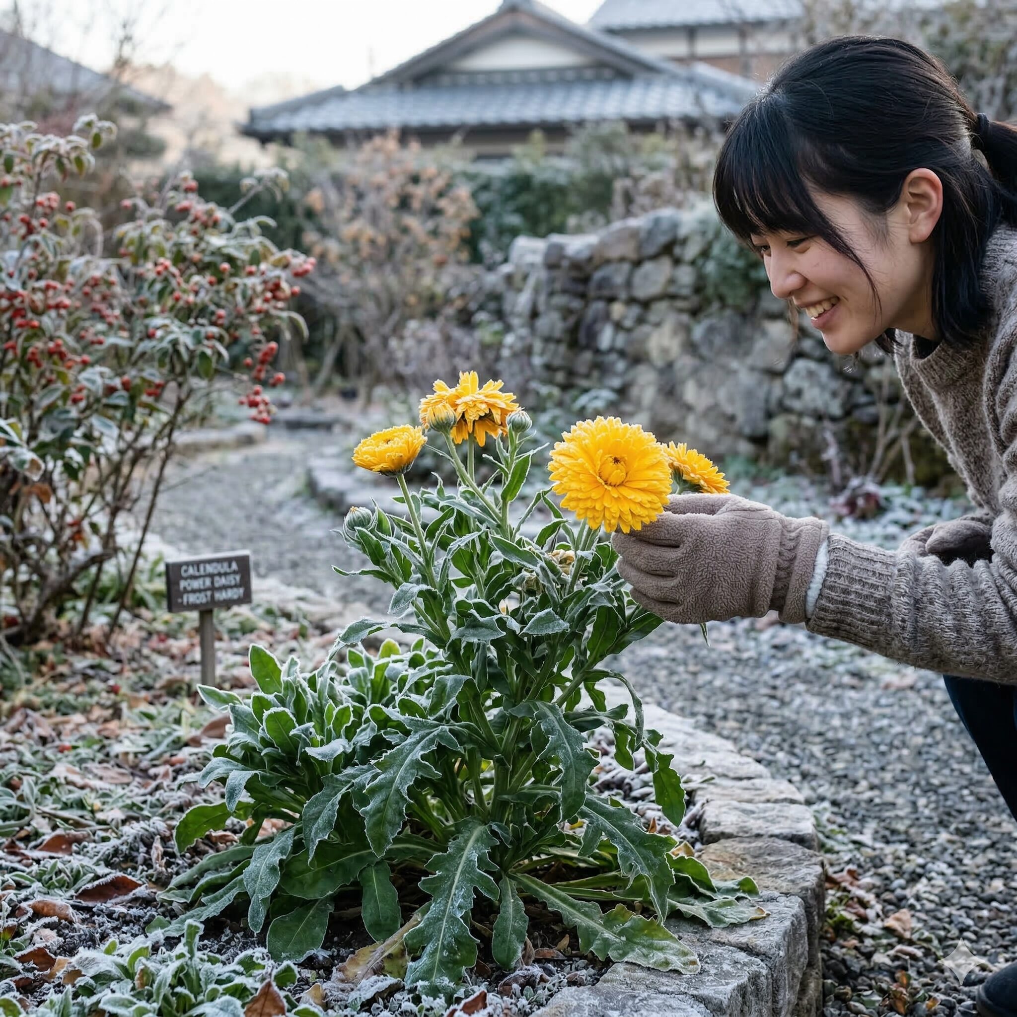 カレンデュラ パワーデイジー 販売8　霜が降りた冬の朝でも元気に黄金色の花を咲かせるカレンデュラ・パワーデイジー