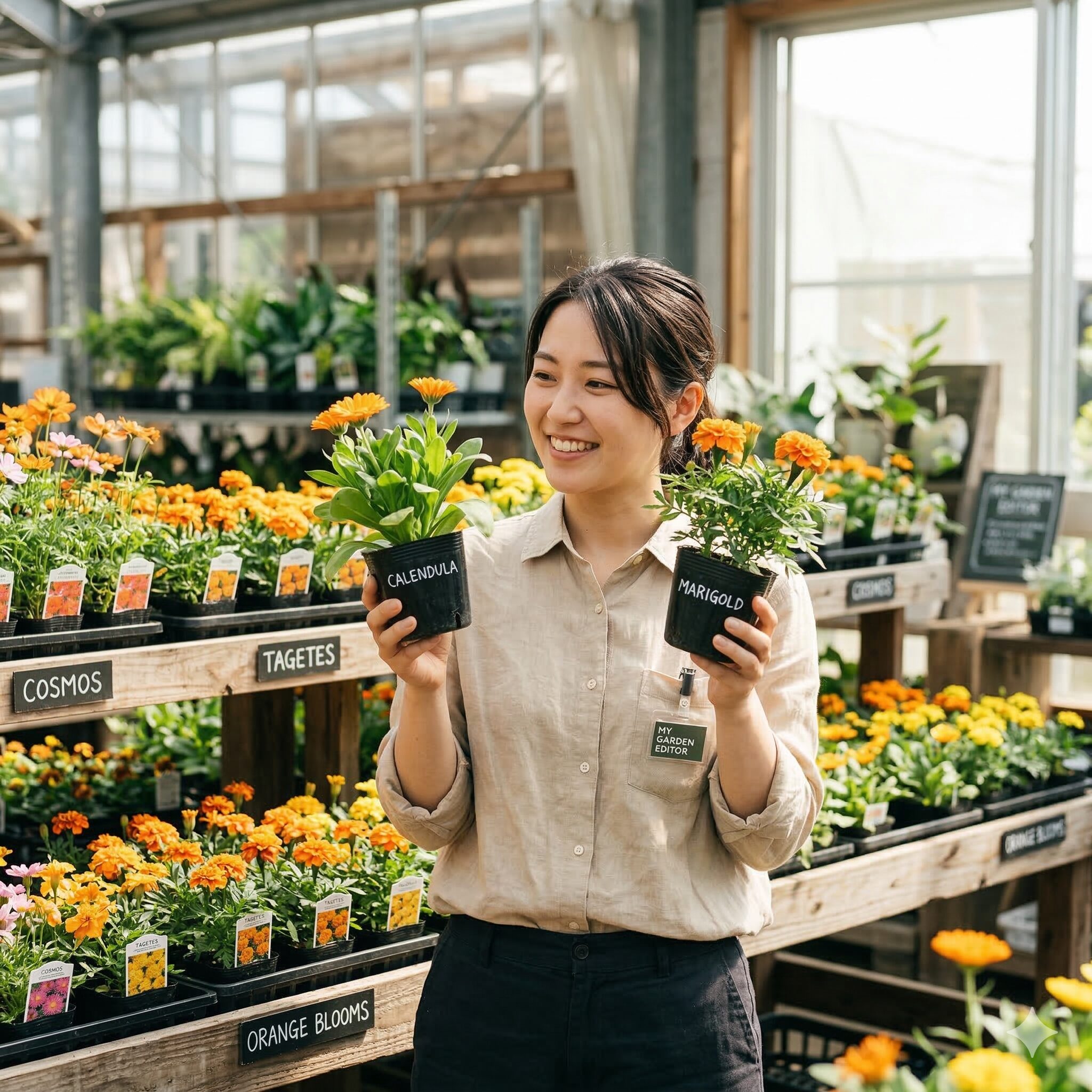 カレンデュラ マリーゴールド 違い1　園芸店でカレンデュラとマリーゴールドの苗を手に取り、見分け方を考えている女性の様子