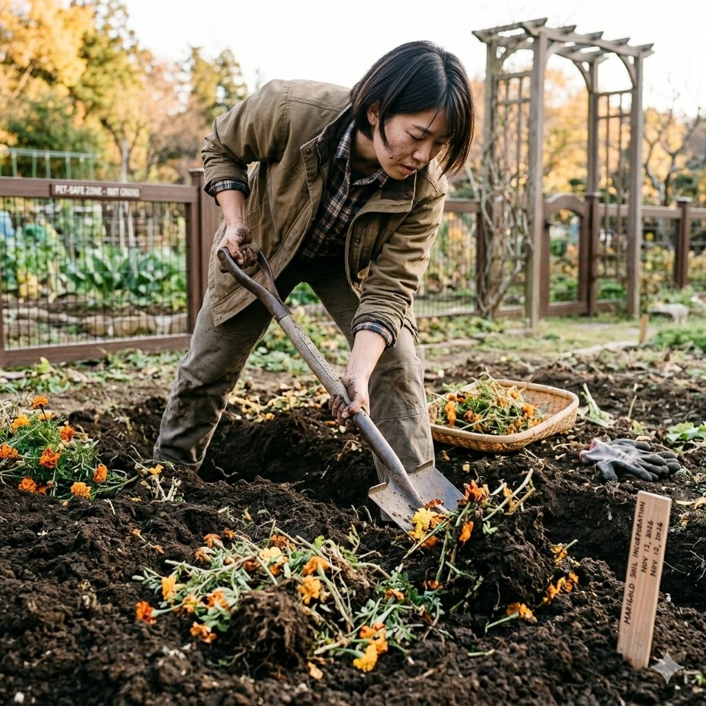 カレンデュラ マリーゴールド 違い10　センチュウ対策のため、マリーゴールドの株を畑の土にすき込む土壌改良の様子