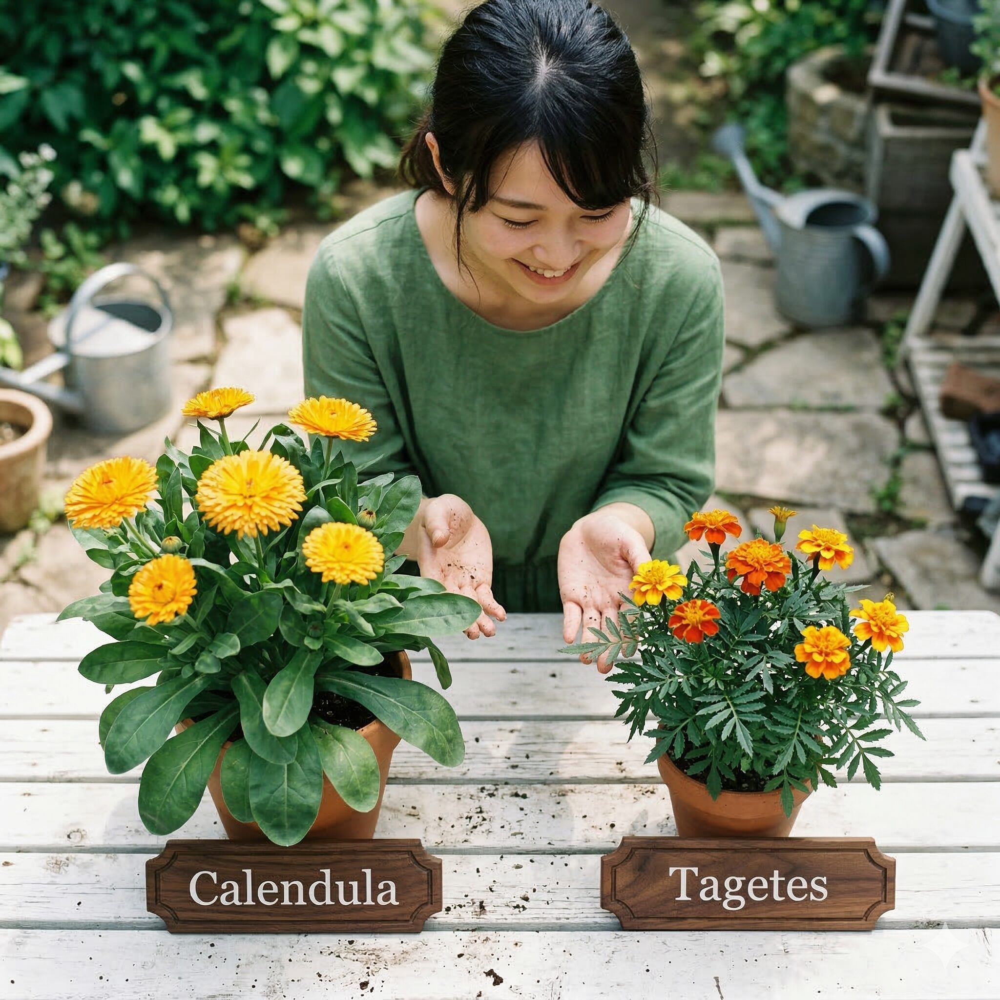 カレンデュラ マリーゴールド 違い2　カレンデュラとマリーゴールドの鉢植えを並べて葉と株姿の違いを比較した俯瞰写真