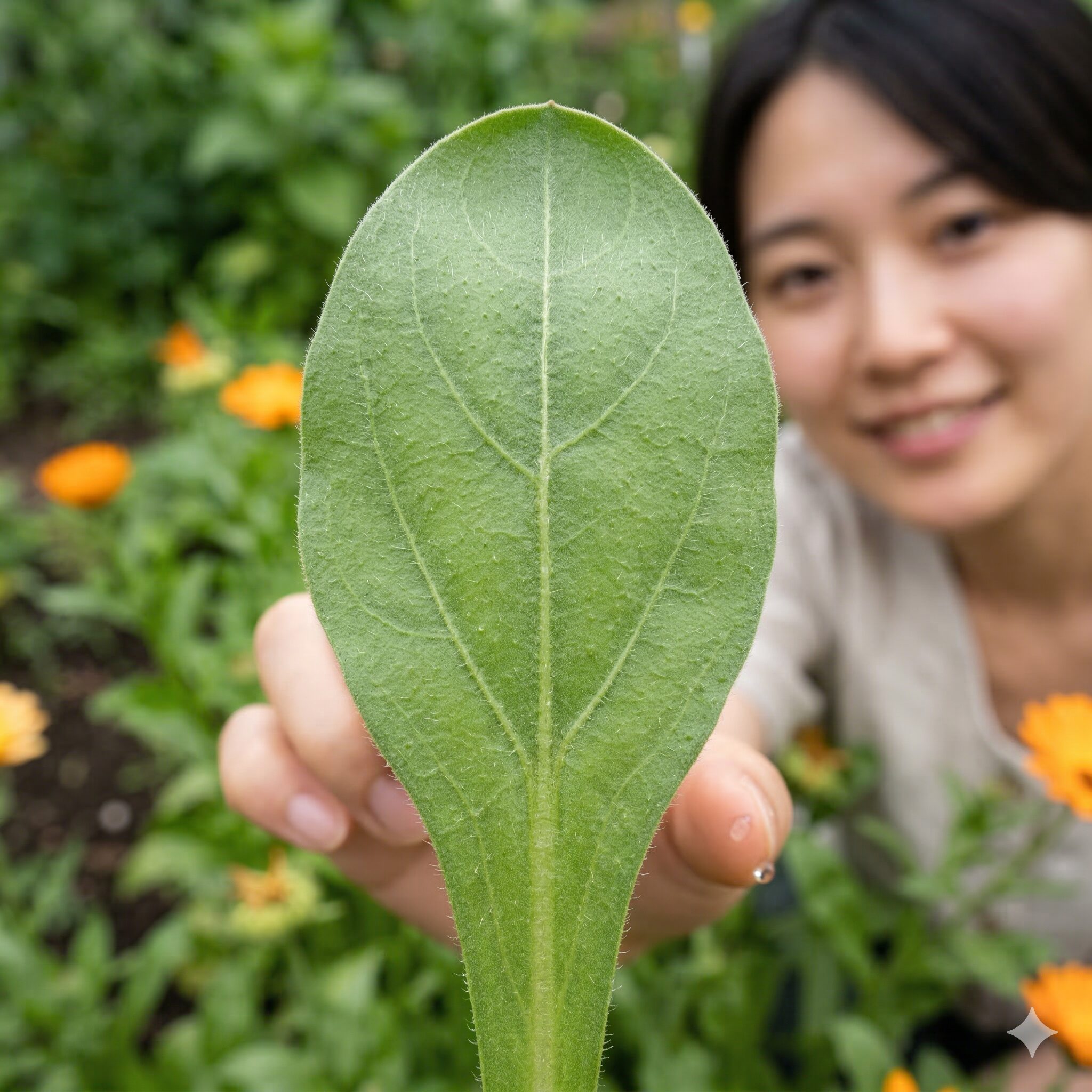 カレンデュラ マリーゴールド 違い3　カレンデュラの滑らかな縁とヘラ型の形状が特徴的な葉のマクロ写真