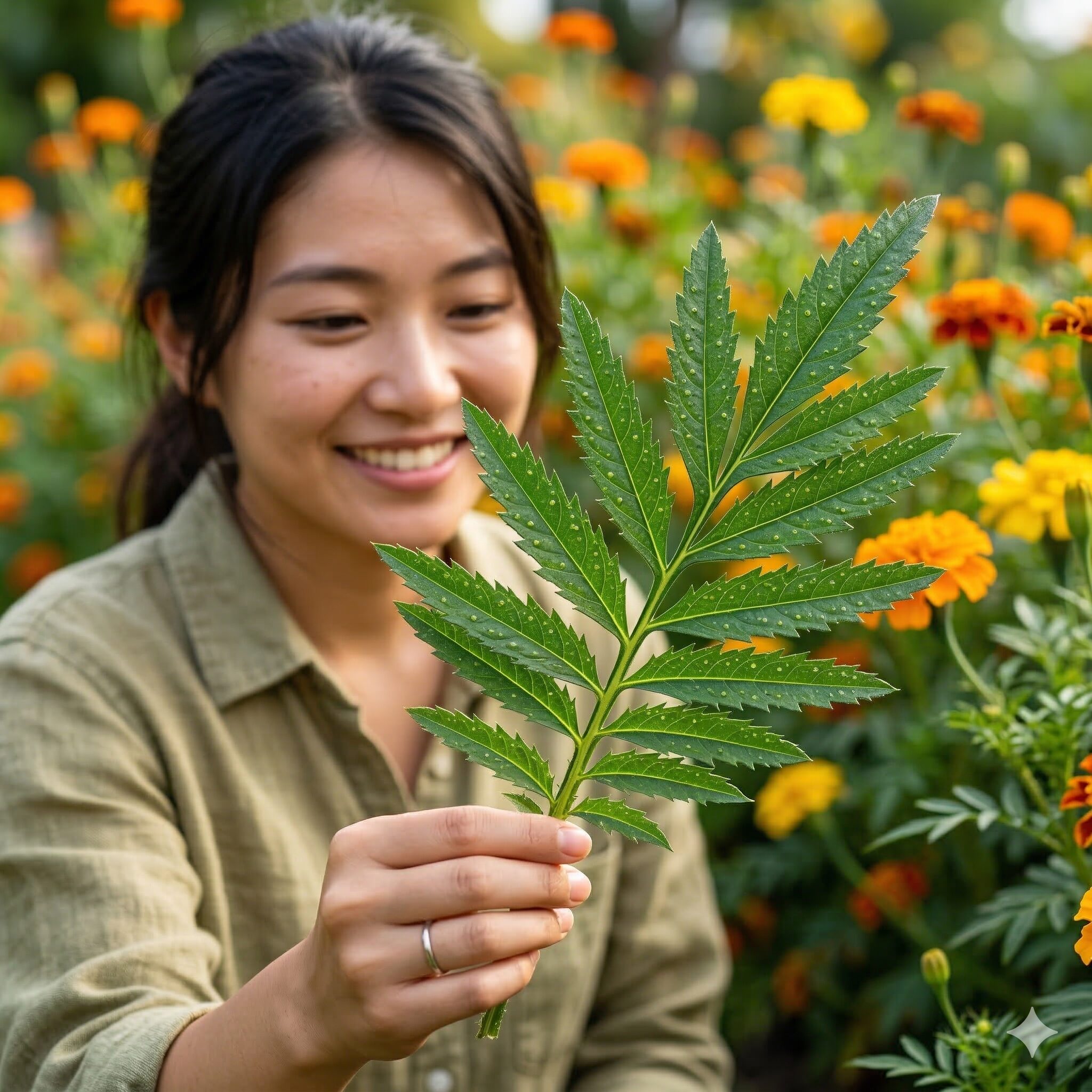 カレンデュラ マリーゴールド 違い4　マリーゴールドの深く切れ込んだ羽状複葉とギザギザの縁が分かる葉のマクロ写真