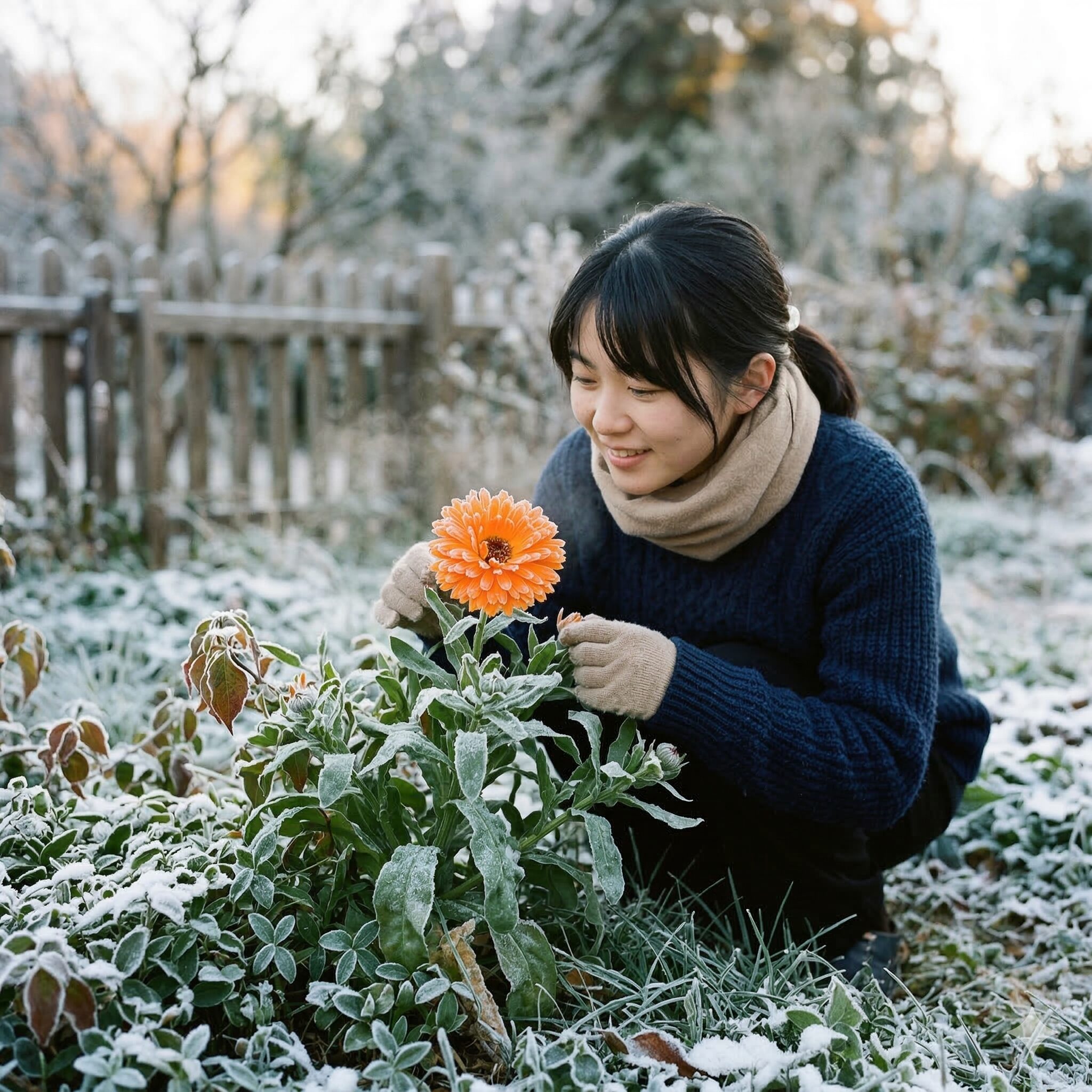 カレンデュラ マリーゴールド 違い6　冬の寒さや霜の中でも元気に咲き続ける耐寒性の強いカレンデュラの花