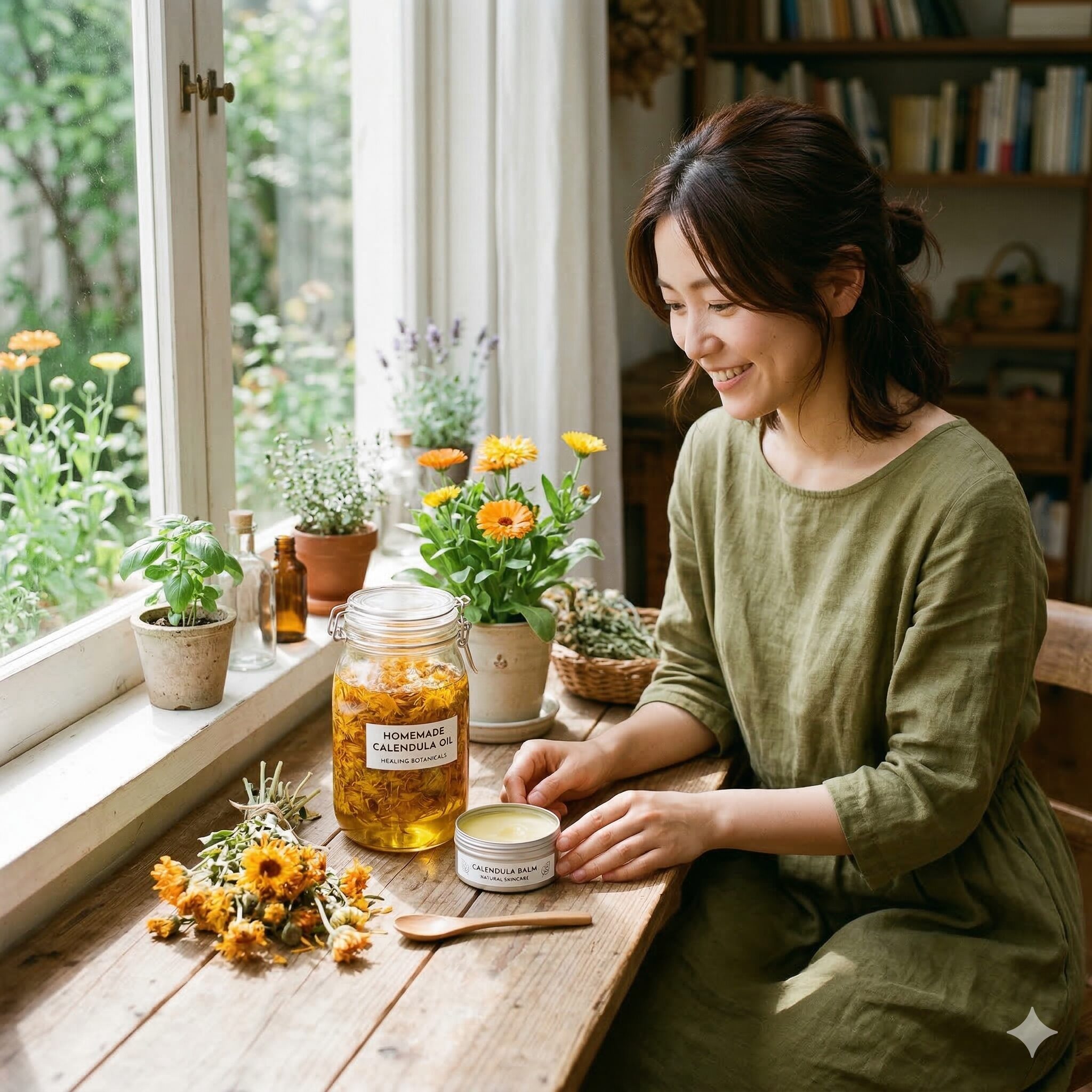 カレンデュラ マリーゴールド 違い7　乾燥させたカレンデュラの花びらを漬け込んで作った手作りオイルとバーム