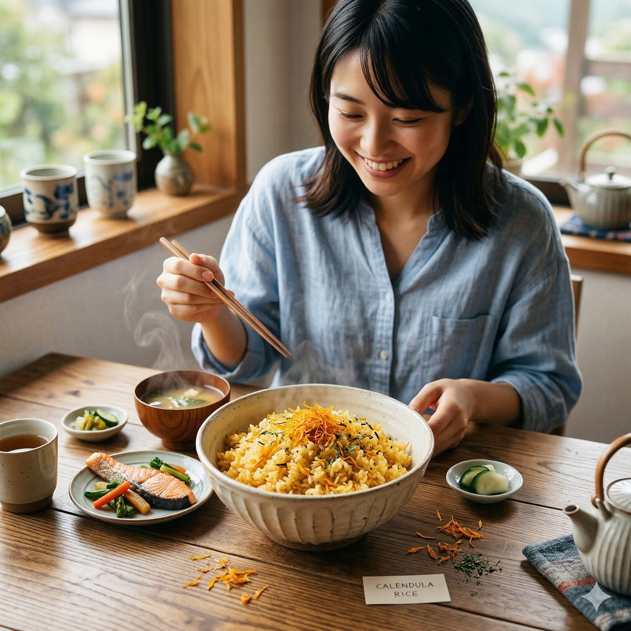 カレンデュラ マリーゴールド 違い8　料理の彩りにカレンデュラの花びらを使用した鮮やかな黄金色の炊き込みご飯