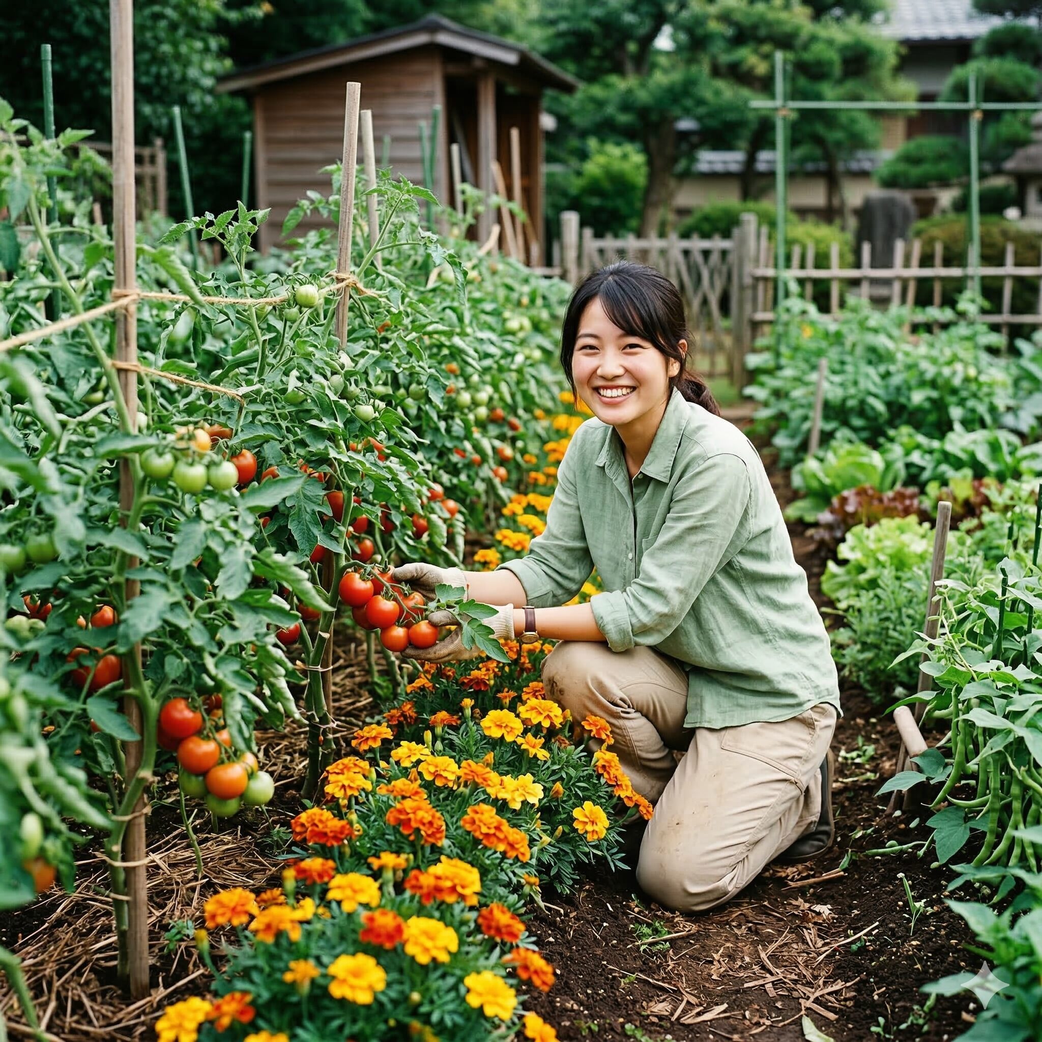カレンデュラ マリーゴールド 違い9　トマトの病害虫対策としてコンパニオンプランツに植えられたマリーゴールド