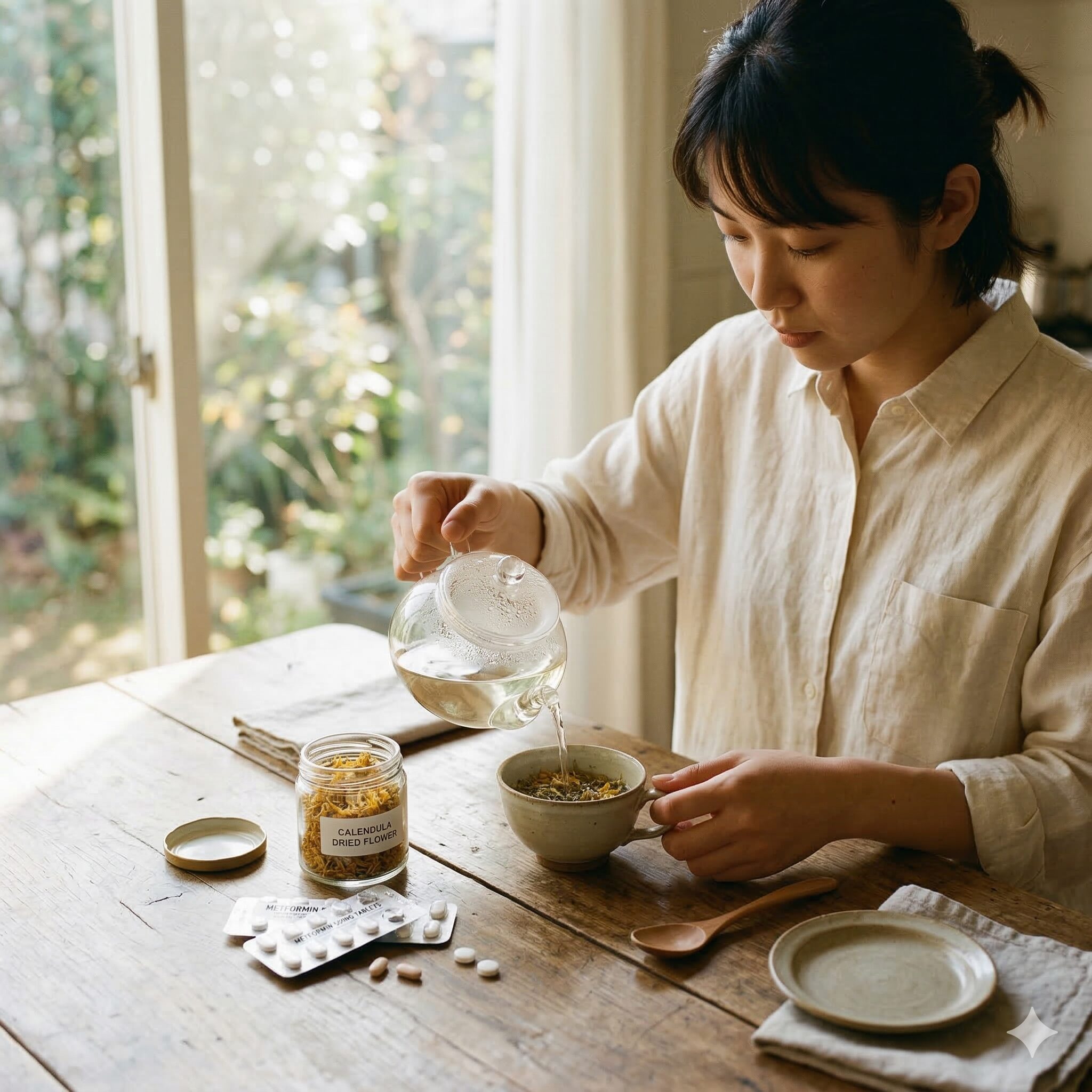 カレンデュラ 副作用7　カレンデュラハーブティーを淹れる手元と、テーブルに置かれた糖尿病治療薬。ハーブと薬の飲み合わせ注意。