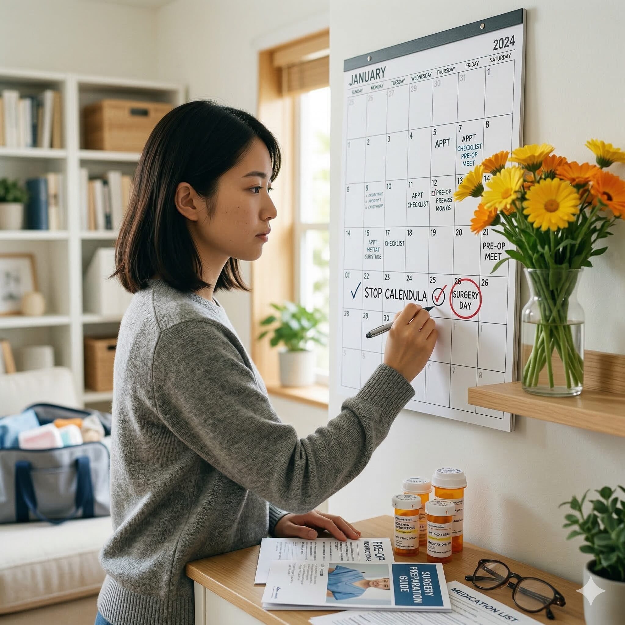 カレンデュラ 副作用8　カレンダーに書き込まれた手術予定日と「カレンデュラ中止」のメモ。手術前後の使用ガイドライン。