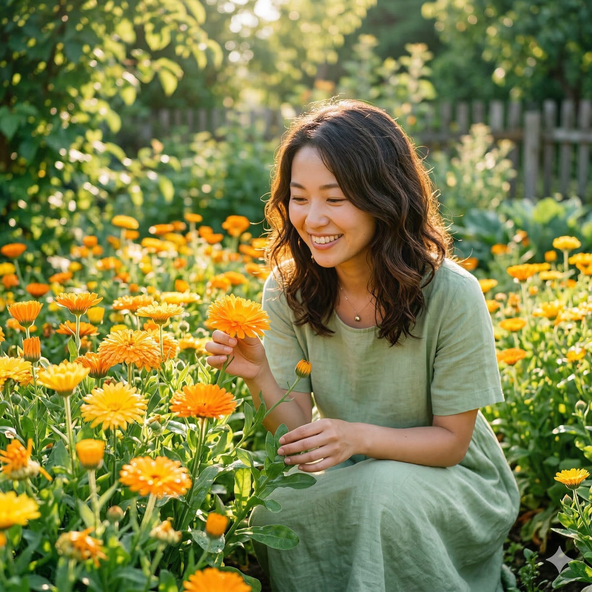 カレンデュラ 匂い1　太陽の光を浴びて庭に咲き誇る鮮やかなオレンジと黄色のカレンデュラの花