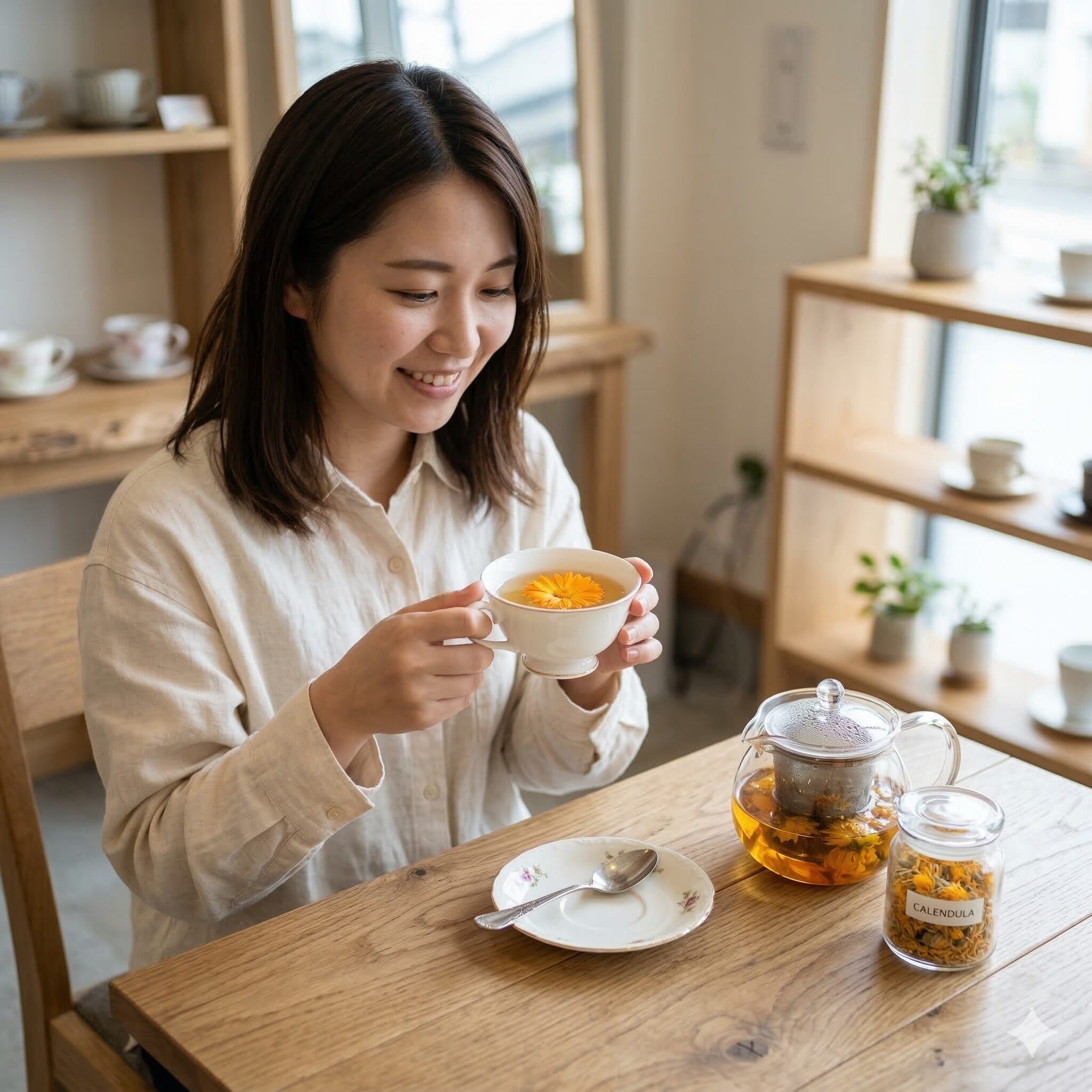 カレンデュラ 匂い10　　ティーカップに注がれた黄金色のカレンデュラハーブティーと乾燥した花びら