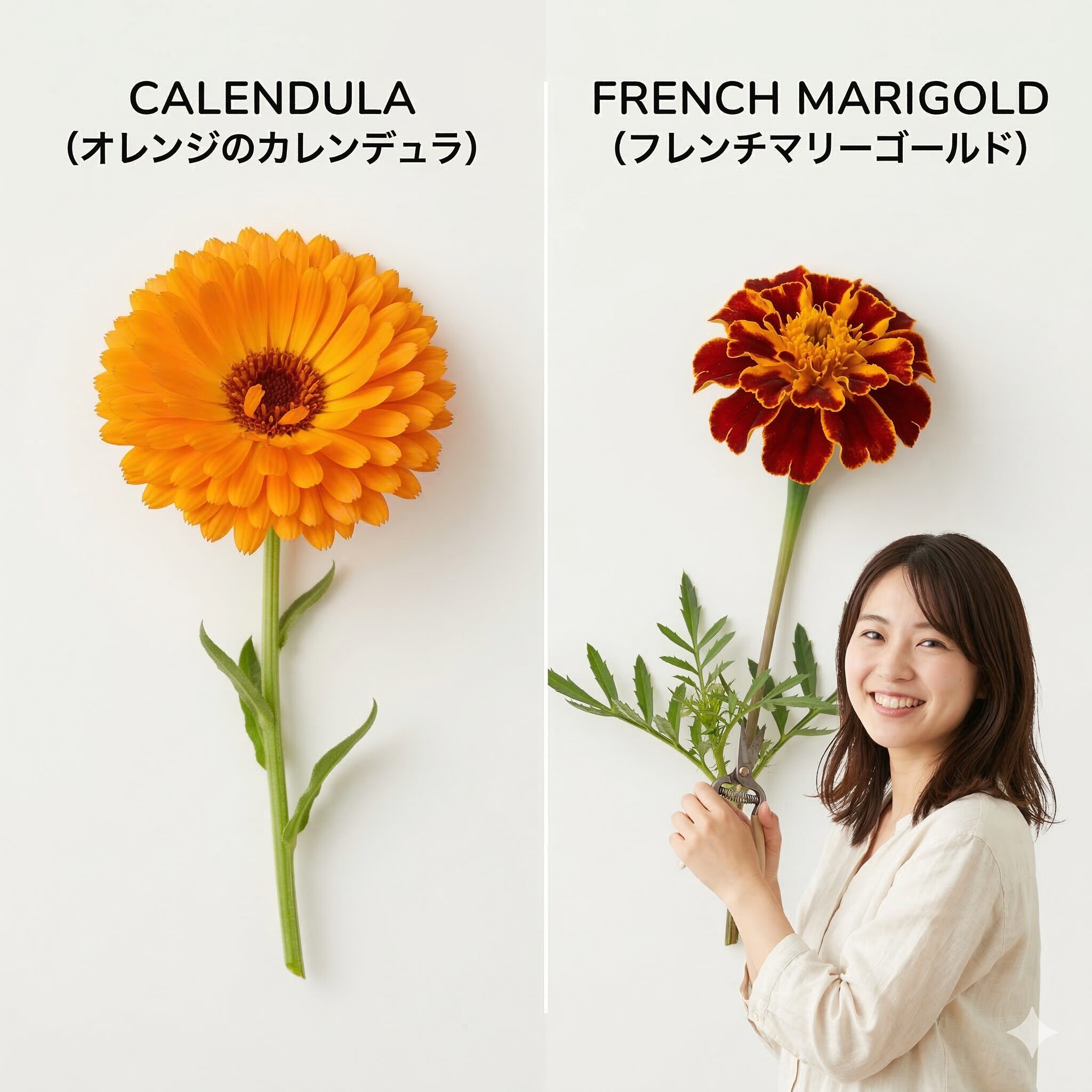 カレンデュラ 匂い2　カレンデュラとフレンチマリーゴールドの見た目の違いを比較した写真
