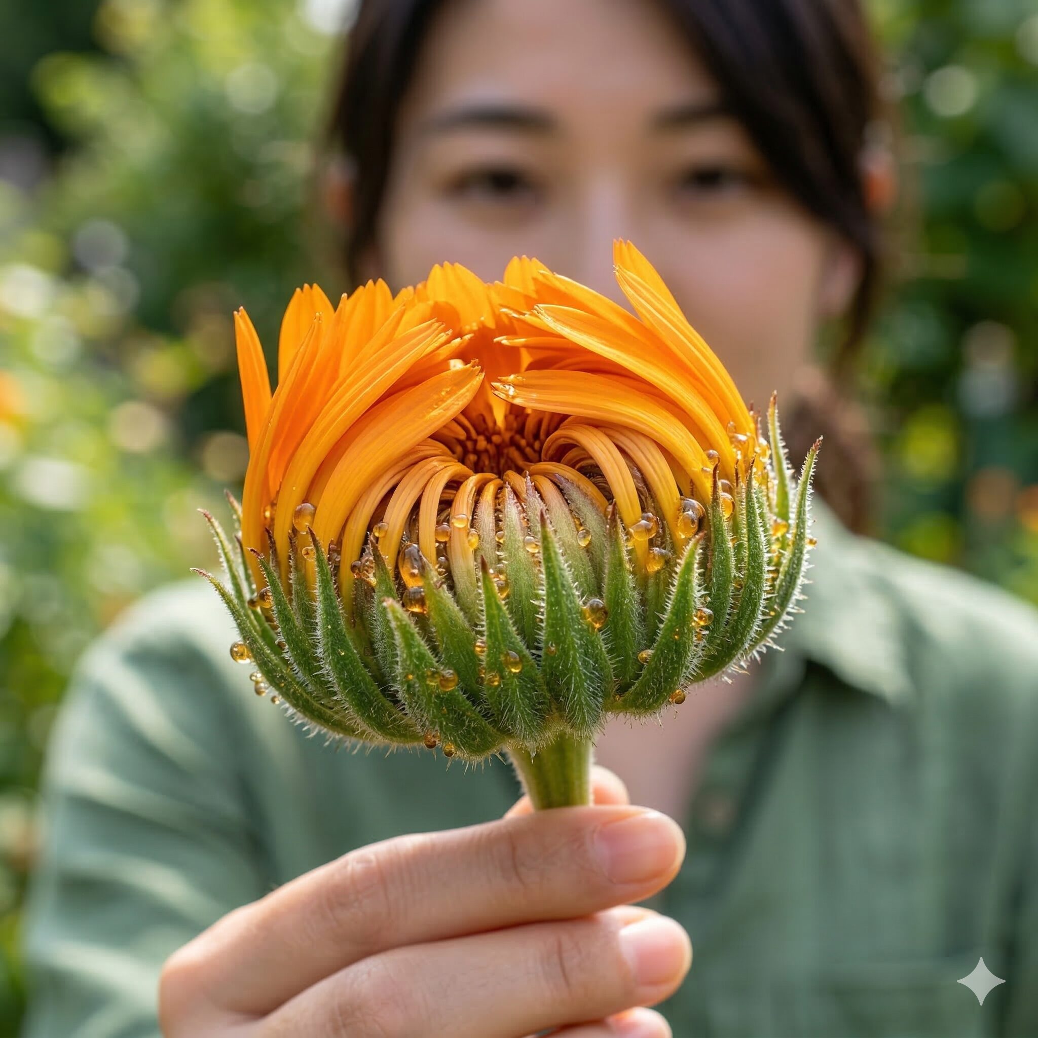 カレンデュラ 匂い3　香気成分が含まれるカレンデュラの花の中心部と萼（がく）のクローズアップ