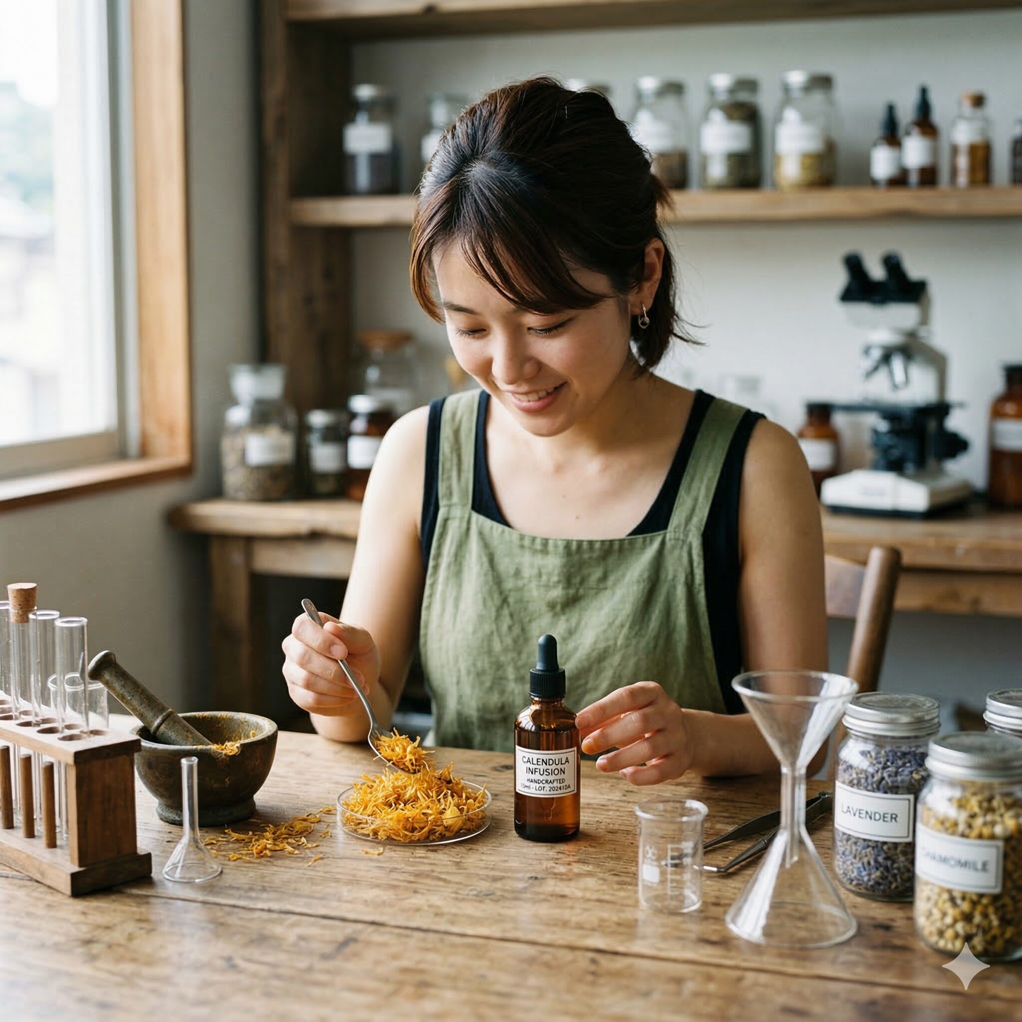 カレンデュラ 匂い4　カレンデュラから抽出された精油の瓶と乾燥した花びら