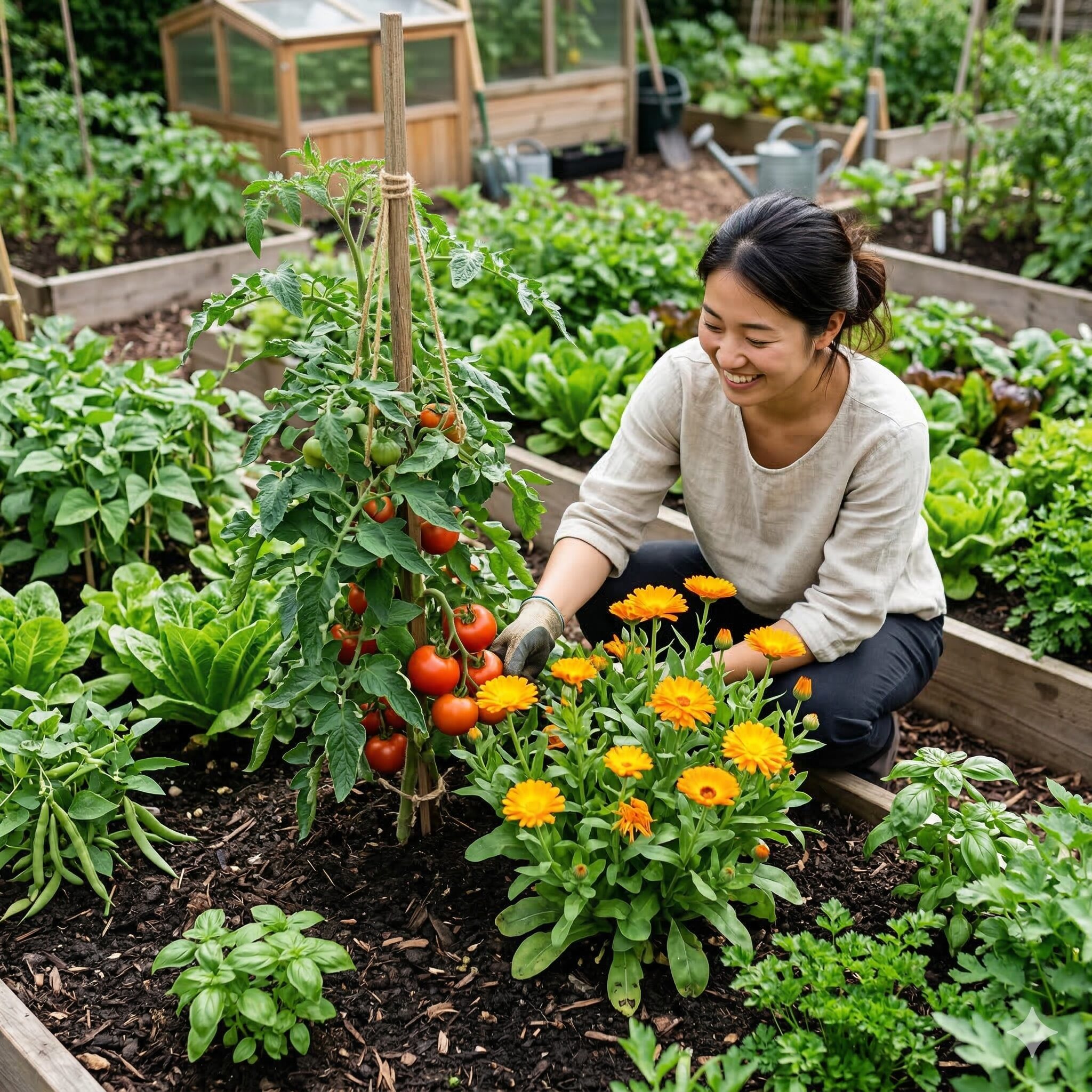 カレンデュラ 匂い5　家庭菜園でトマトのコンパニオンプランツとして植えられているカレンデュラ