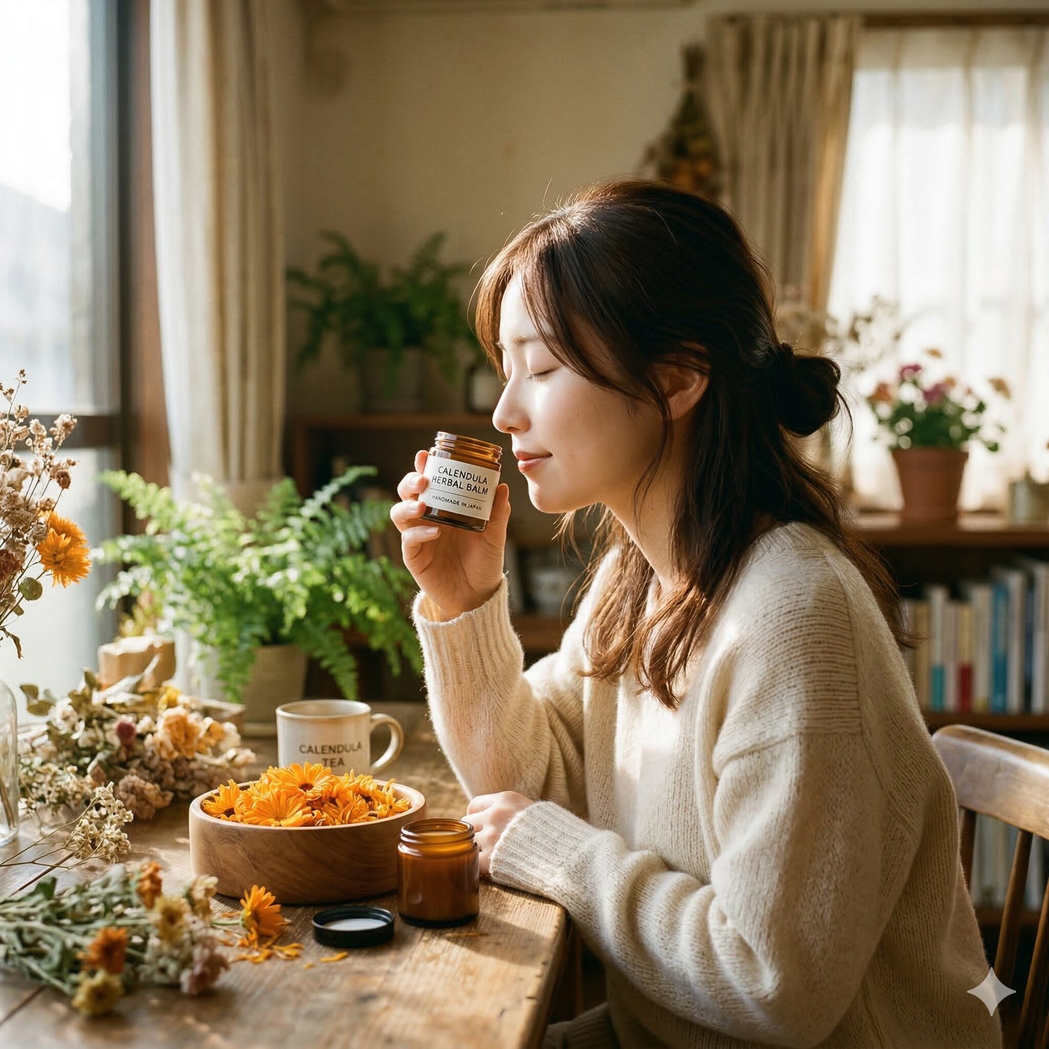 カレンデュラ 匂い6　カレンデュラ製品の香りを嗅いでリラックスした表情を浮かべる女性